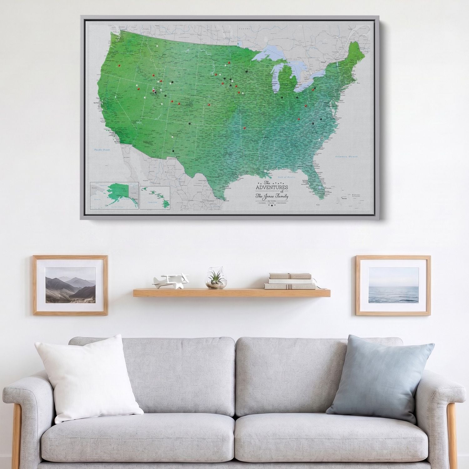 Canvas - Enchanting Emerald Watercolor USA Travel Map with pins