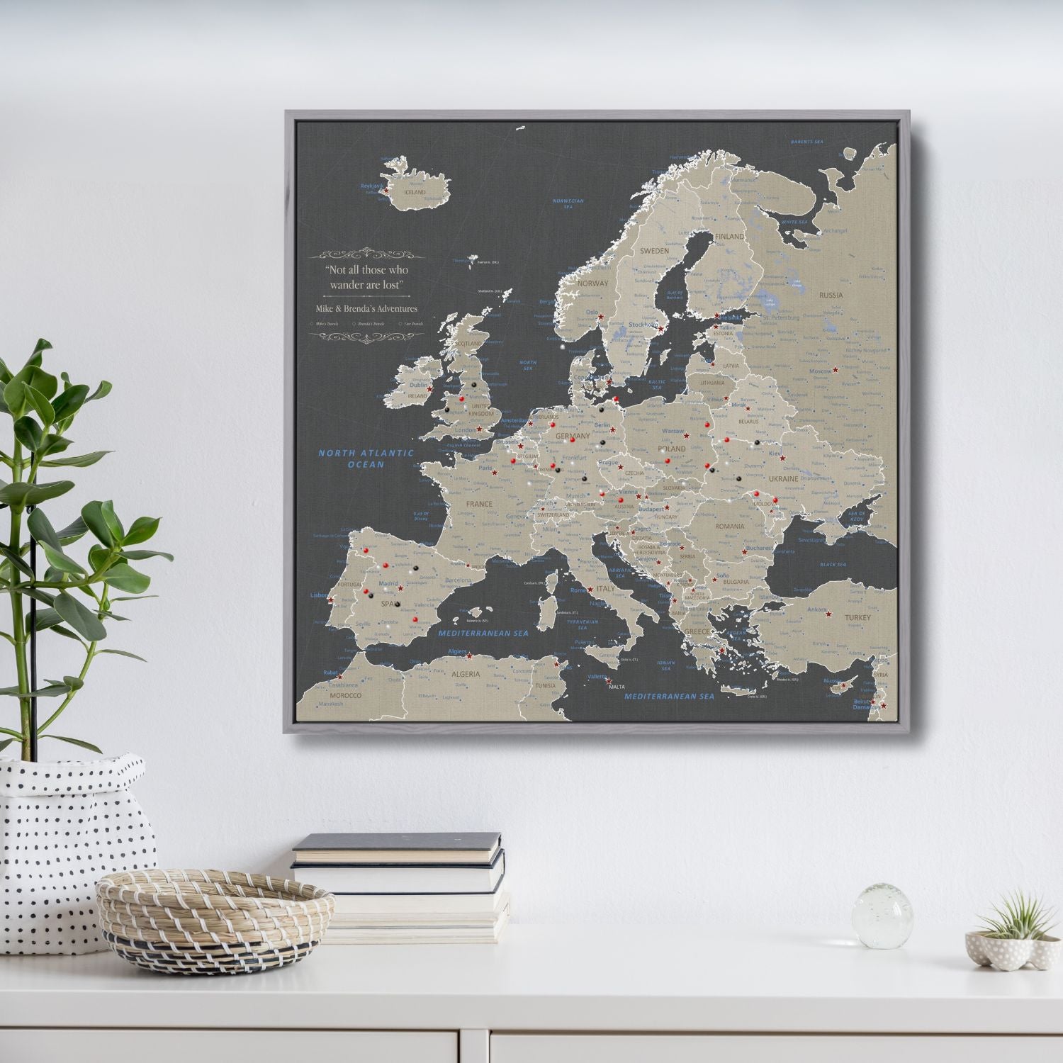 Canvas - Earth Toned Europe Travel Map with Pins - Square