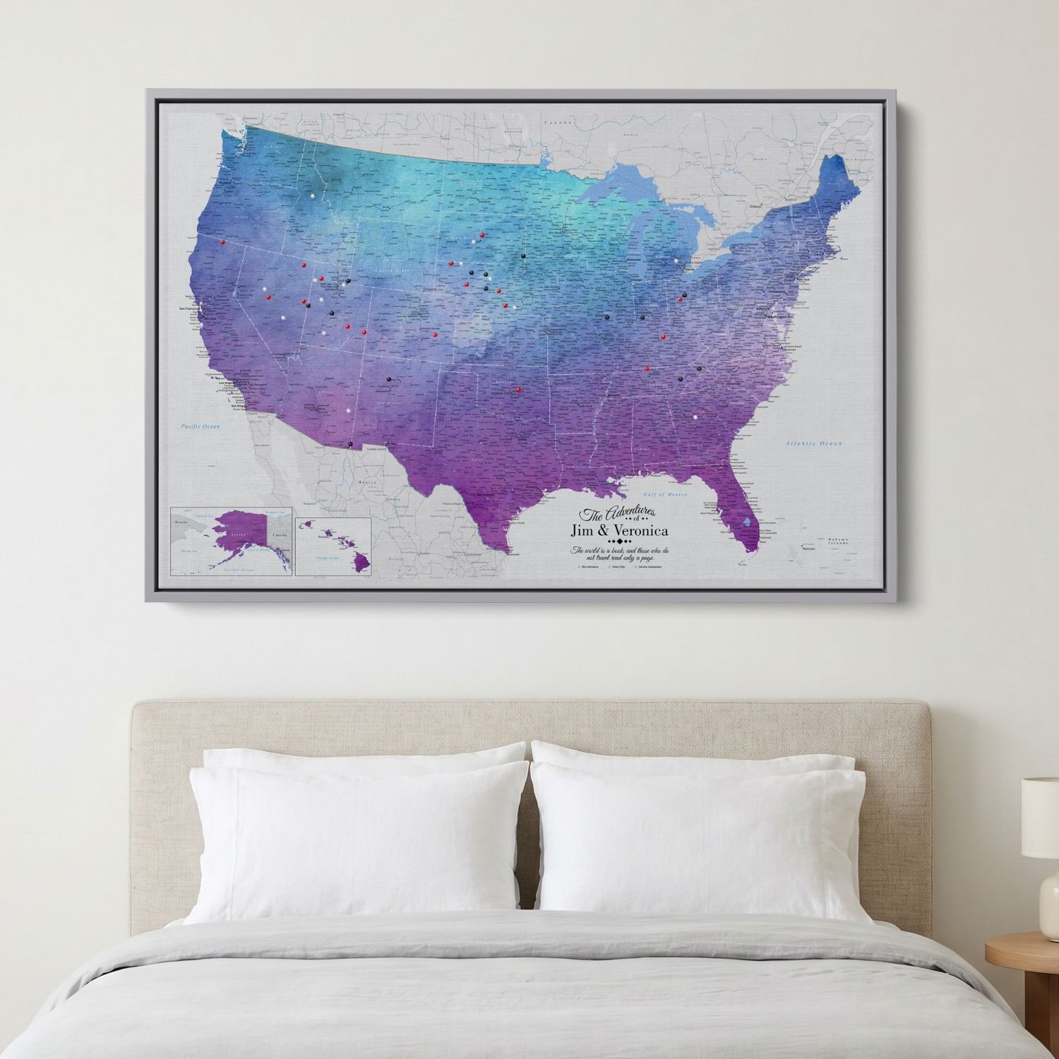 Canvas - Vibrant Violet Watercolor USA Travel Map with pins
