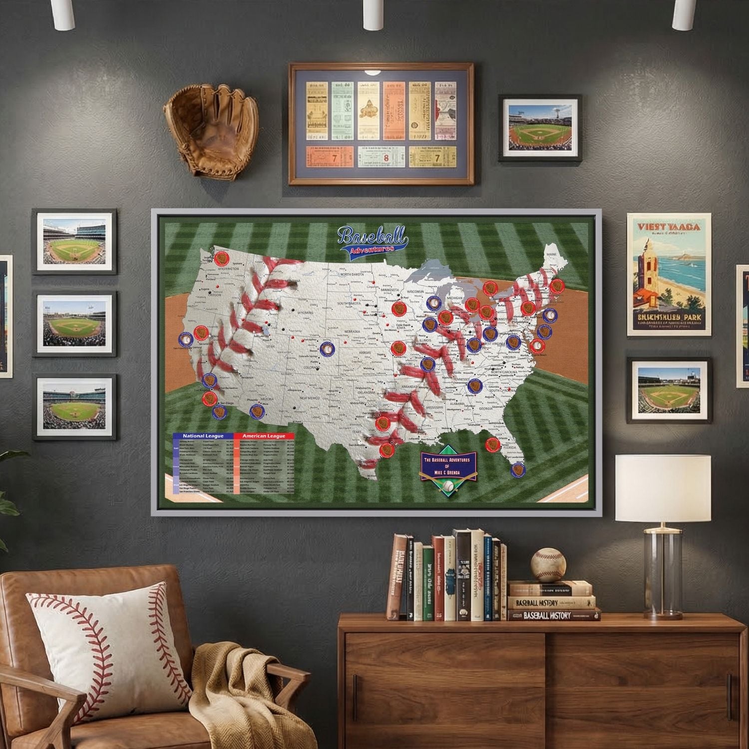 Personalized baseball adventures push pin travel map canvas displayed in baseball-themed man cave wall decor
