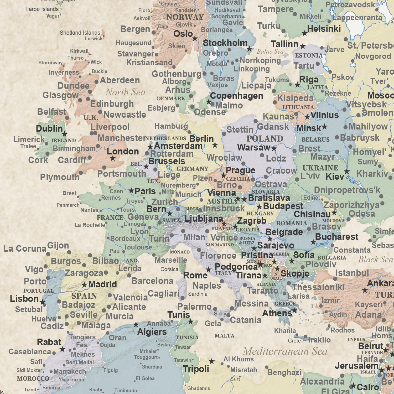 Sandy Dreams vintage-style Europe canvas map poster with warm sandy tones and city labels