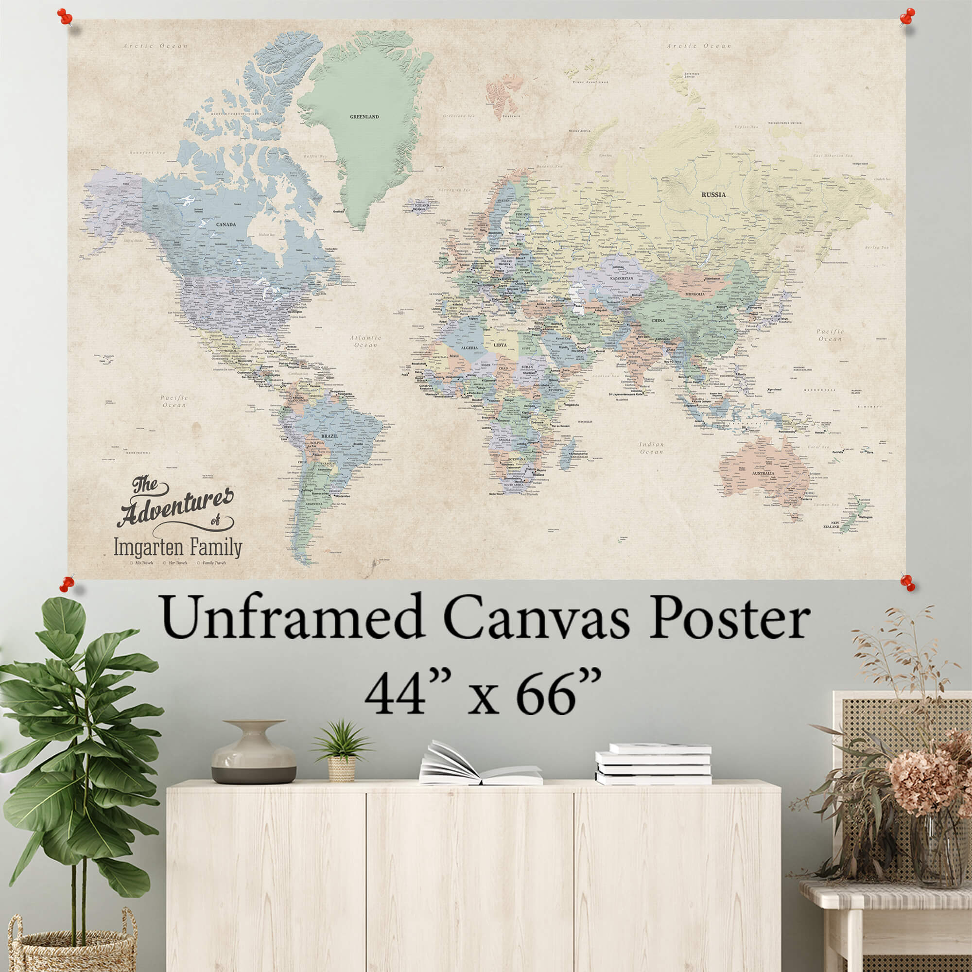 Large 44x66 inch Sandy Dreams vintage world map canvas poster pin-pushed on wall above wooden sideboard