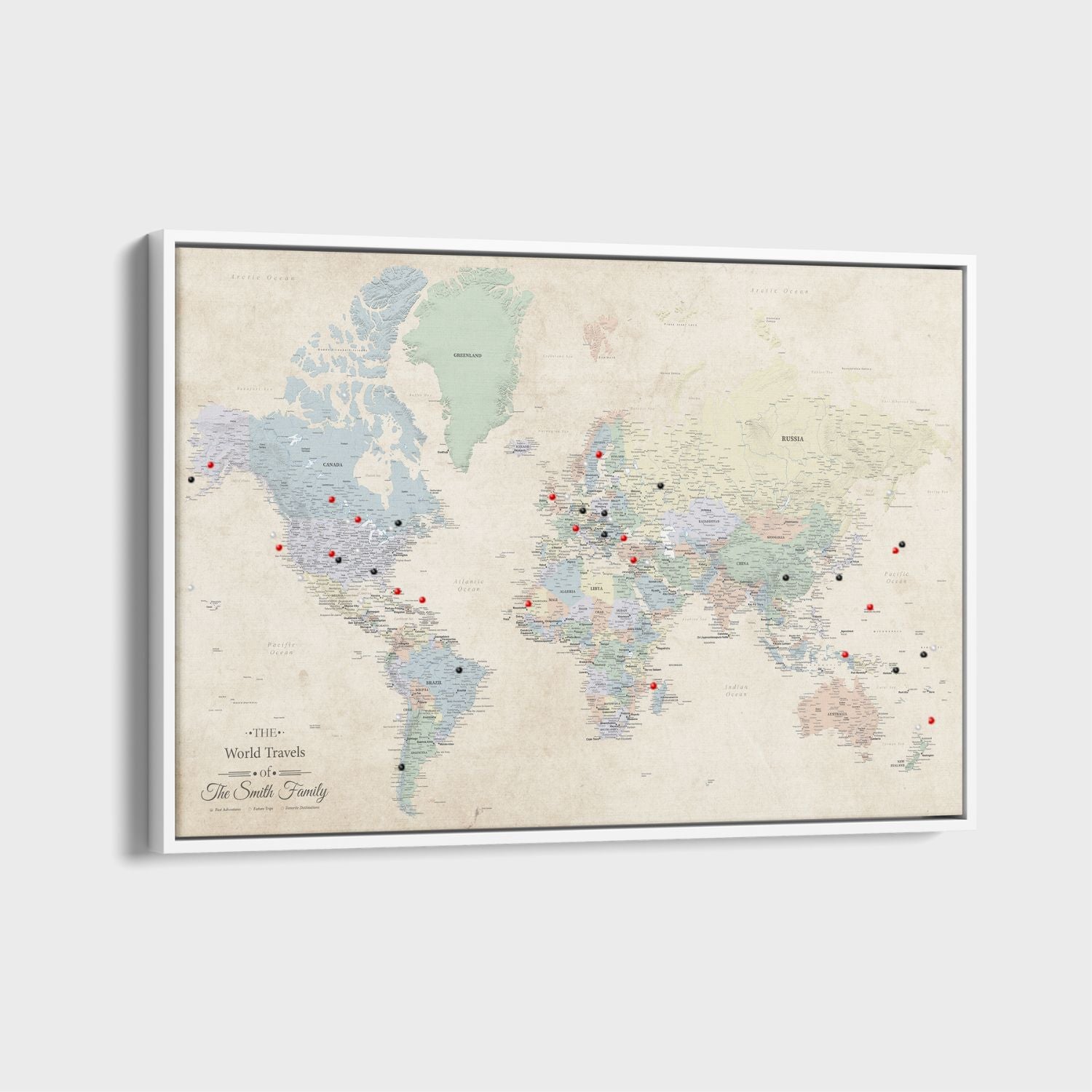 Personalized Sandy Dreams world travel map canvas with red and black push pins marking destinations worldwide