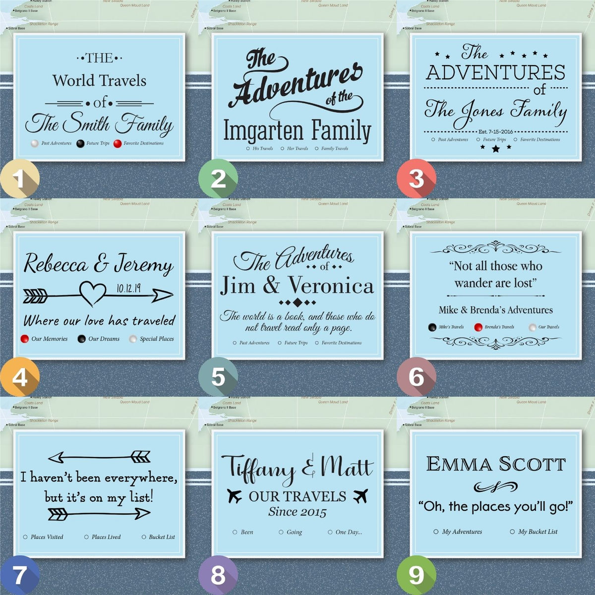 Nine free personalization templates for the Signature World map poster with family names, quotes and pin legends