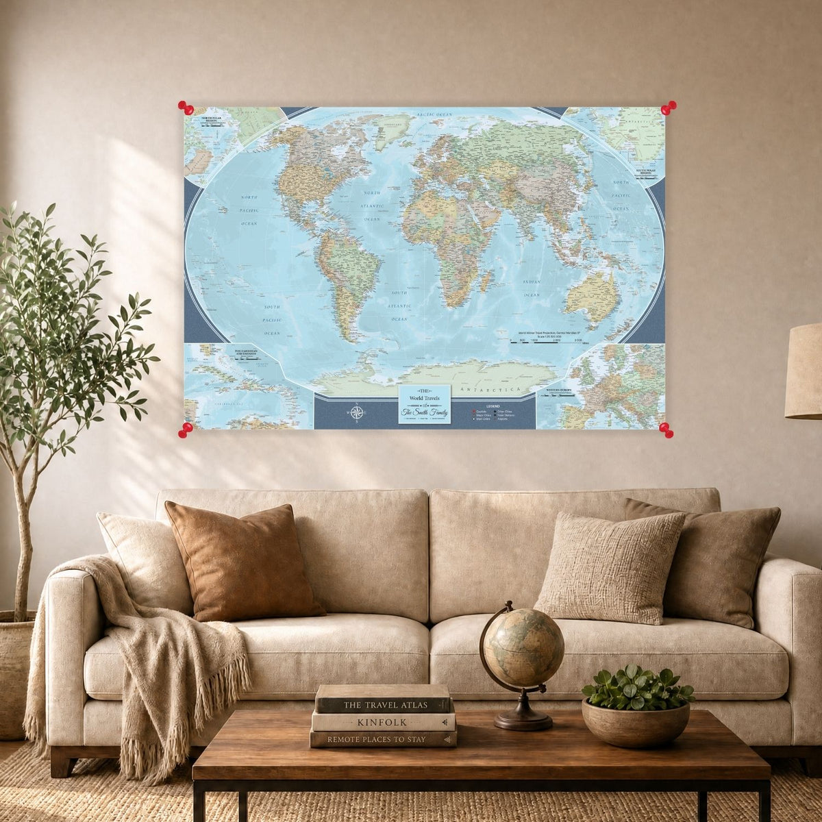 Signature World Canvas Poster with red push pins hanging above a beige sofa in a living room