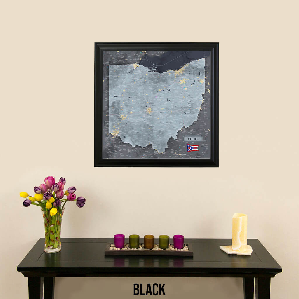 Framed Slate Gray Ohio State Push Pin Travel Map in Black Frame