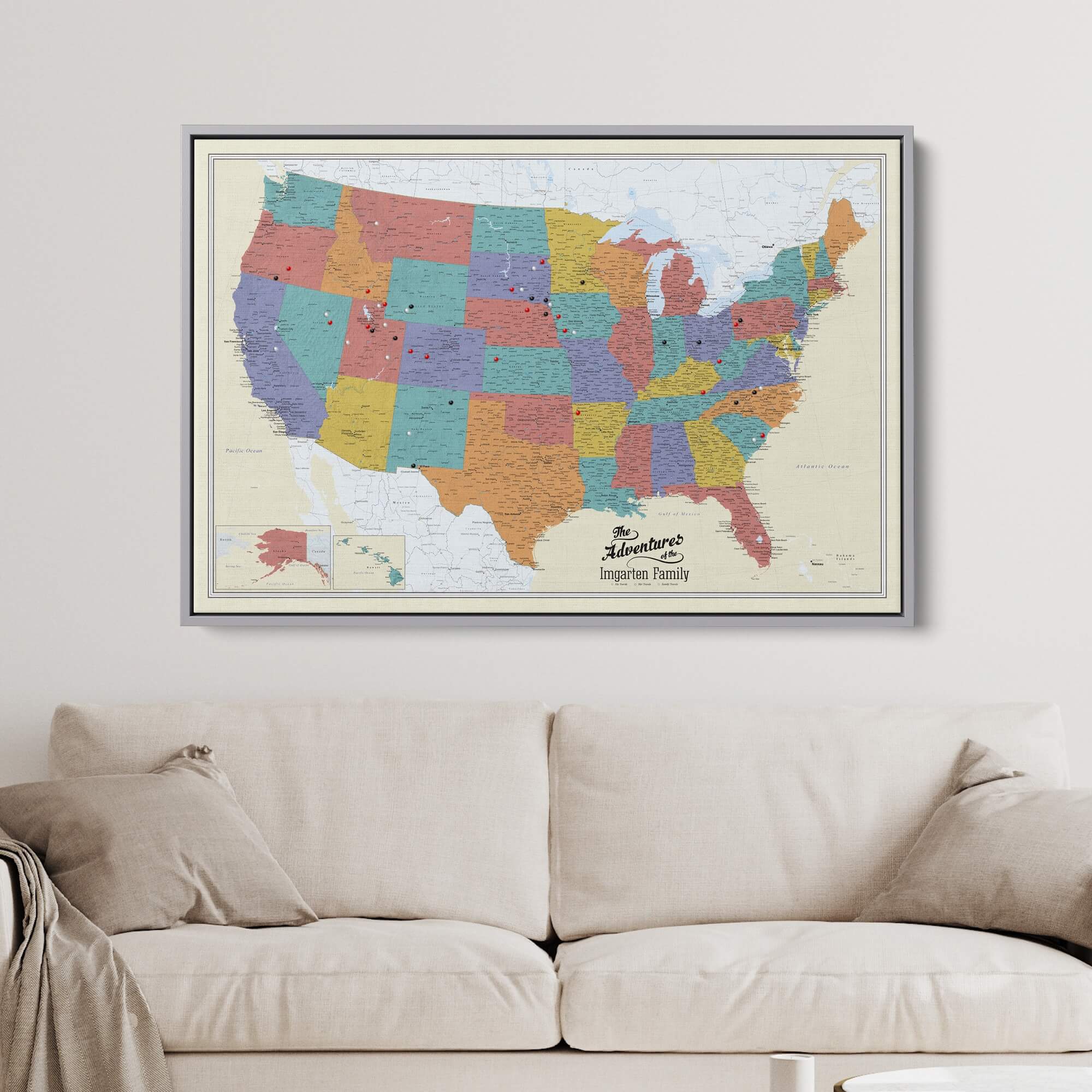 Canvas - Tan Oceans USA Travel Pin Map
