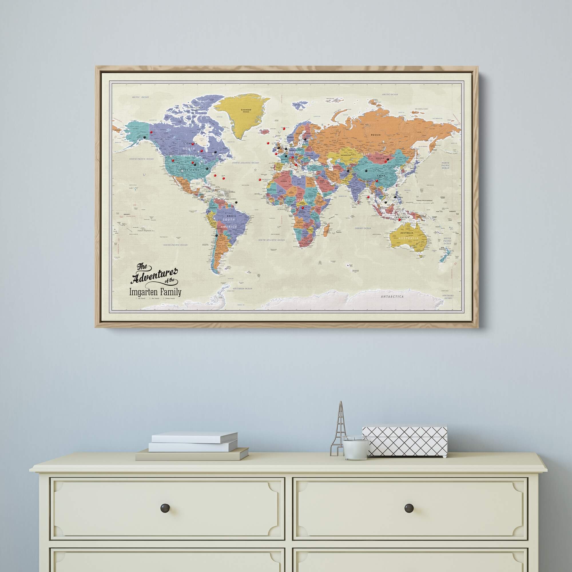 Canvas - Tan Oceans World Travel Map with pins