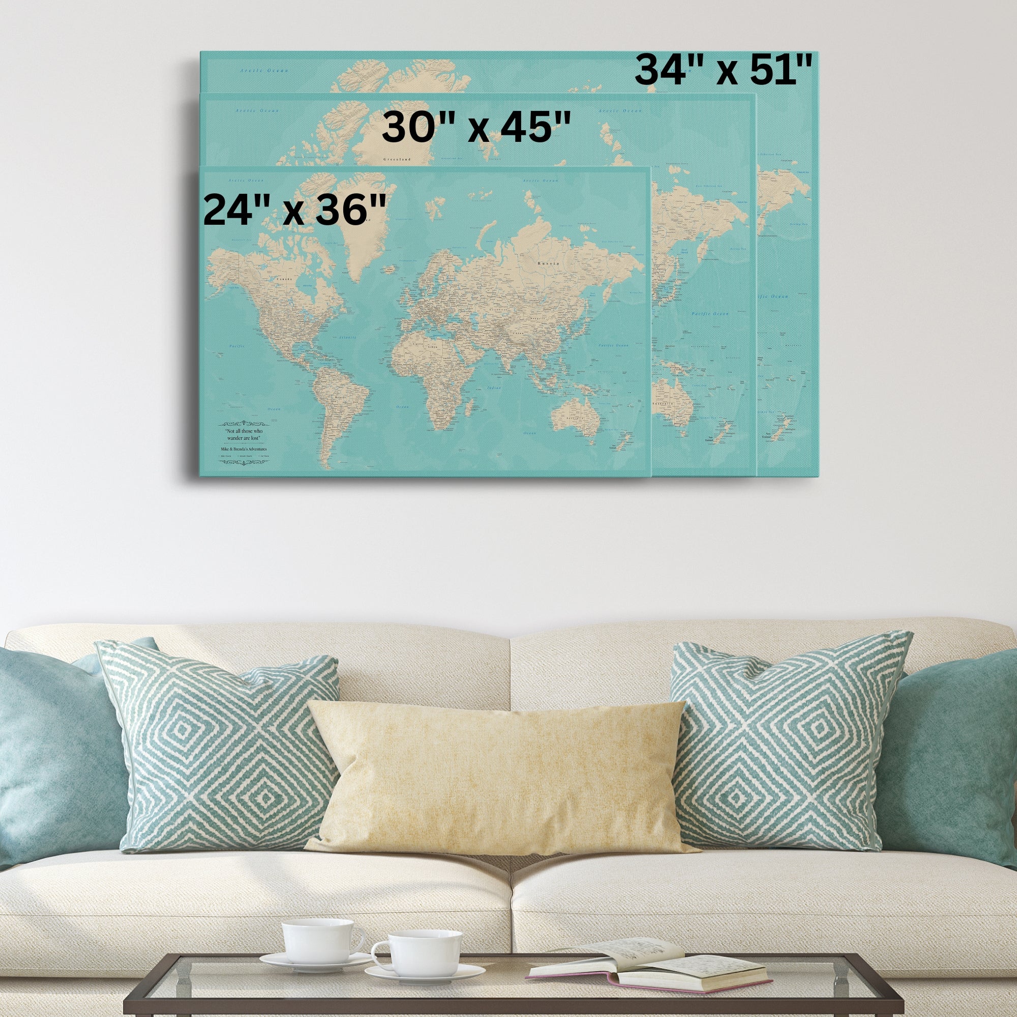 Gallery Wrapped - Teal Dream World Push Pin Map with Pins