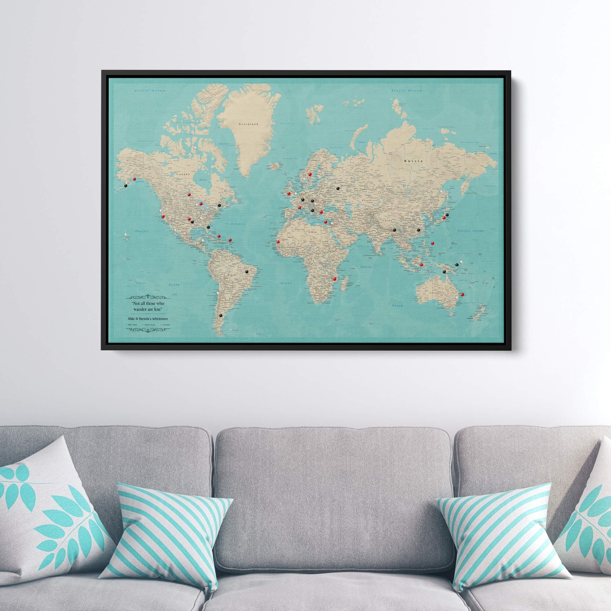 Teal Dream World Travel Map | Framed Canvas World Map – Push Pin