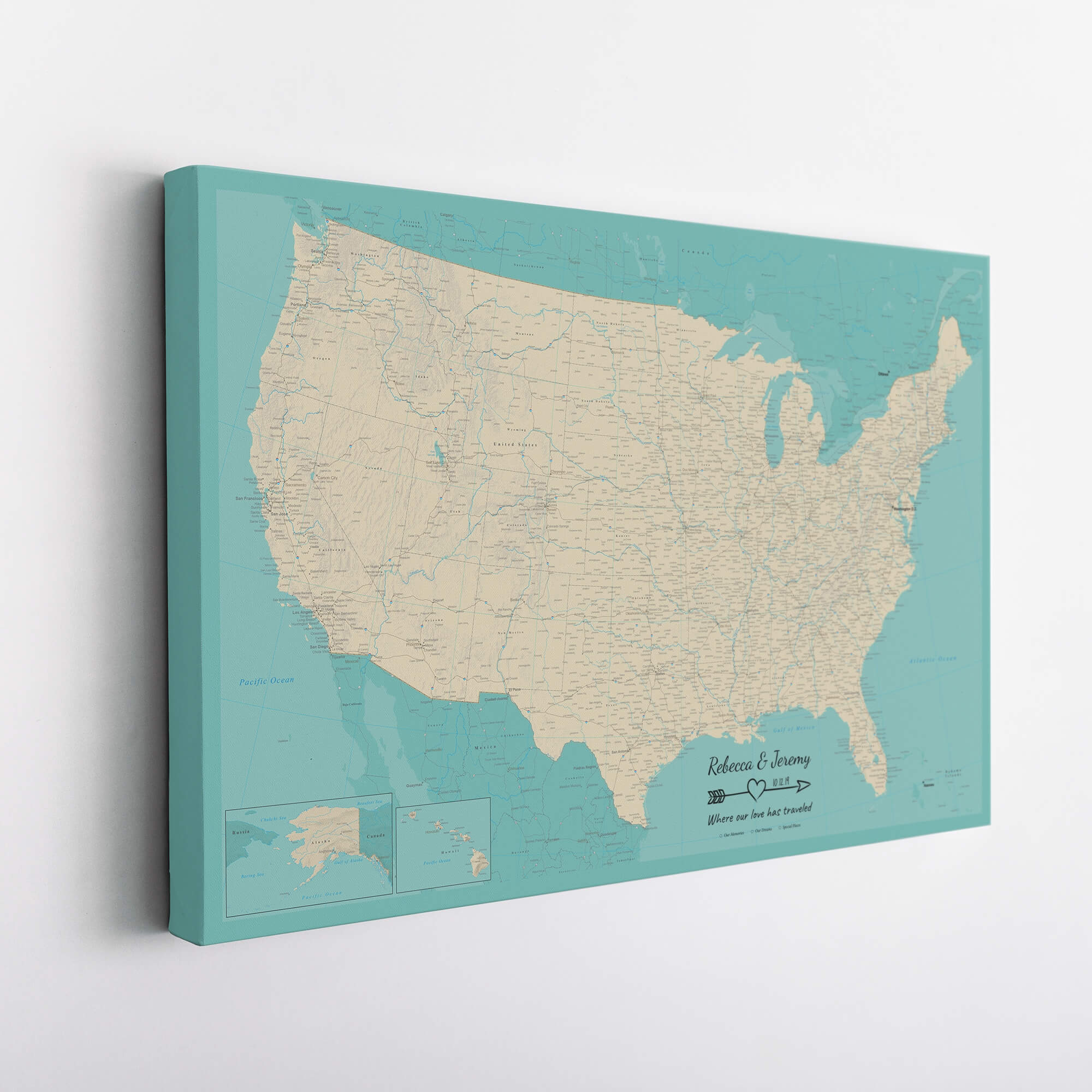 Gallery Wrapped - Teal Dream USA Push Pin Map with Pins