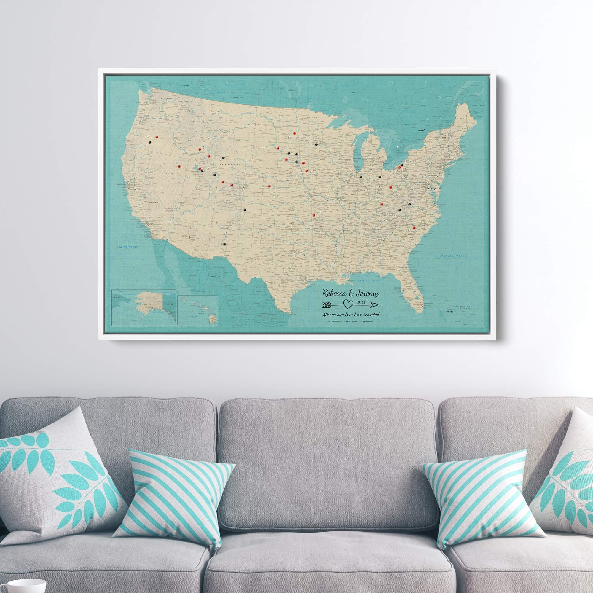 Canvas - Teal Dream USA Push Pin Map with Pins