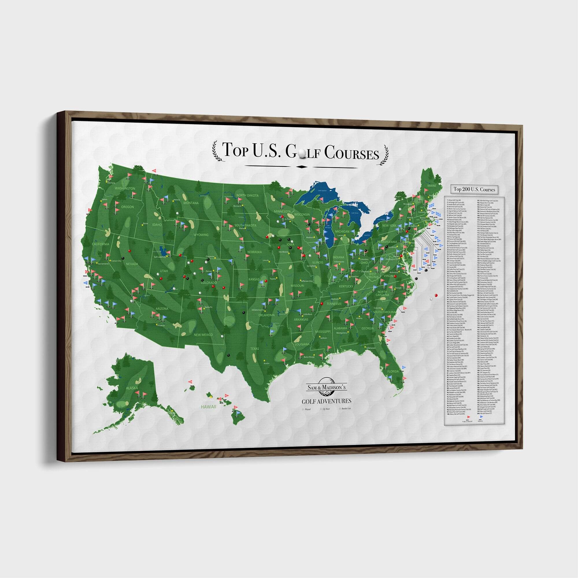 Framed canvas Top US Golf Courses travel map with colorful pins marking 200 locations nationwide