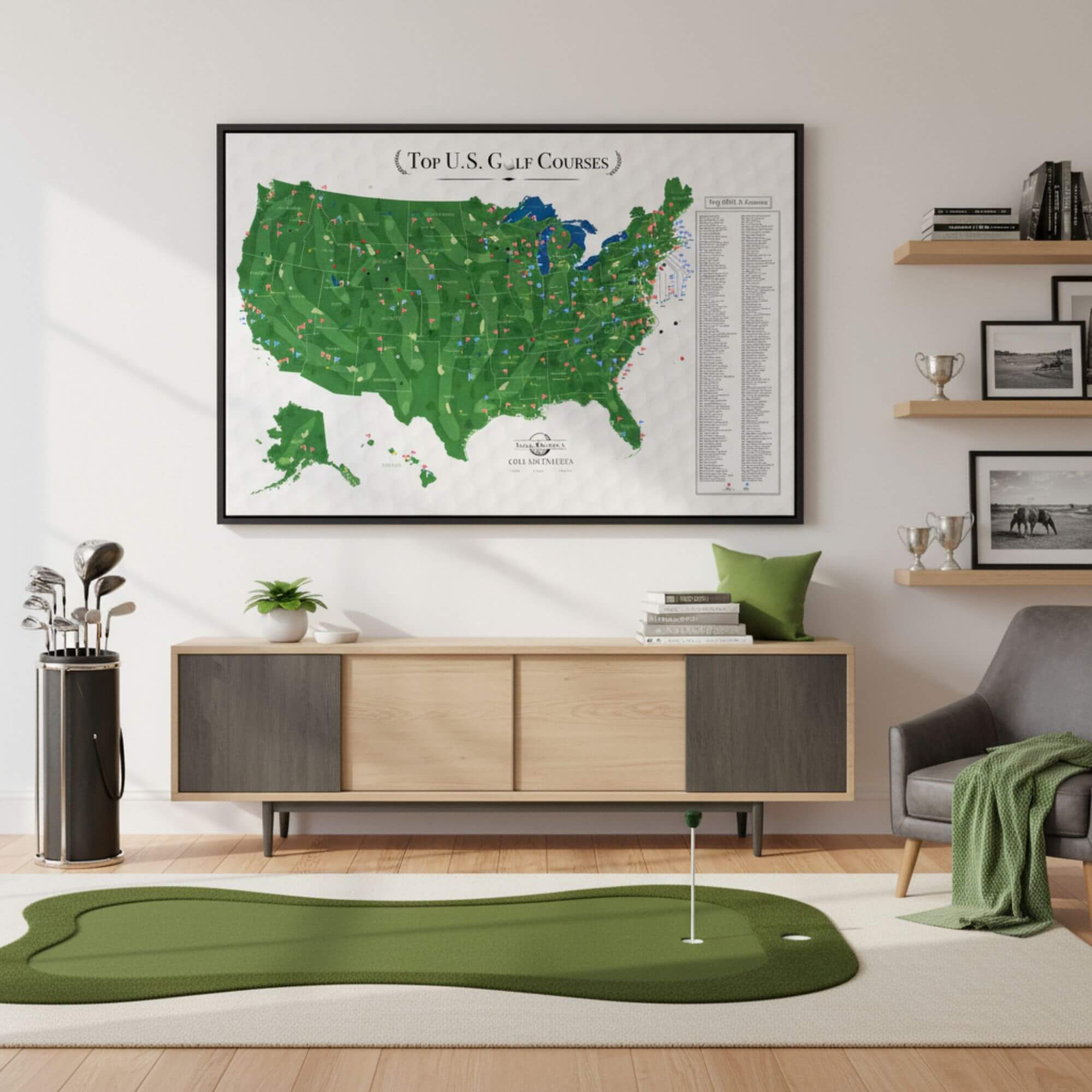 Framed Top US Golf Courses canvas pin map displayed in modern living room with golf clubs nearby