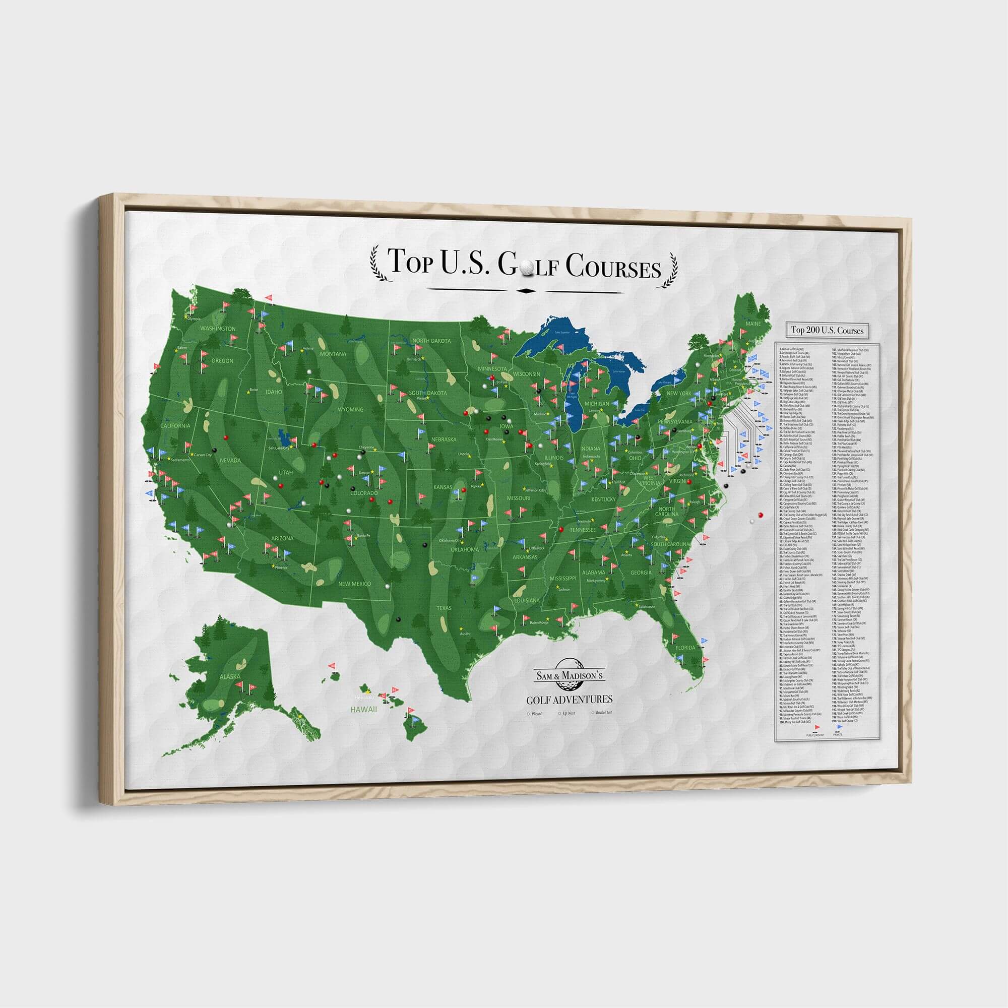 Framed canvas Top US Golf Courses travel map with colorful pins marking 200 locations nationwide