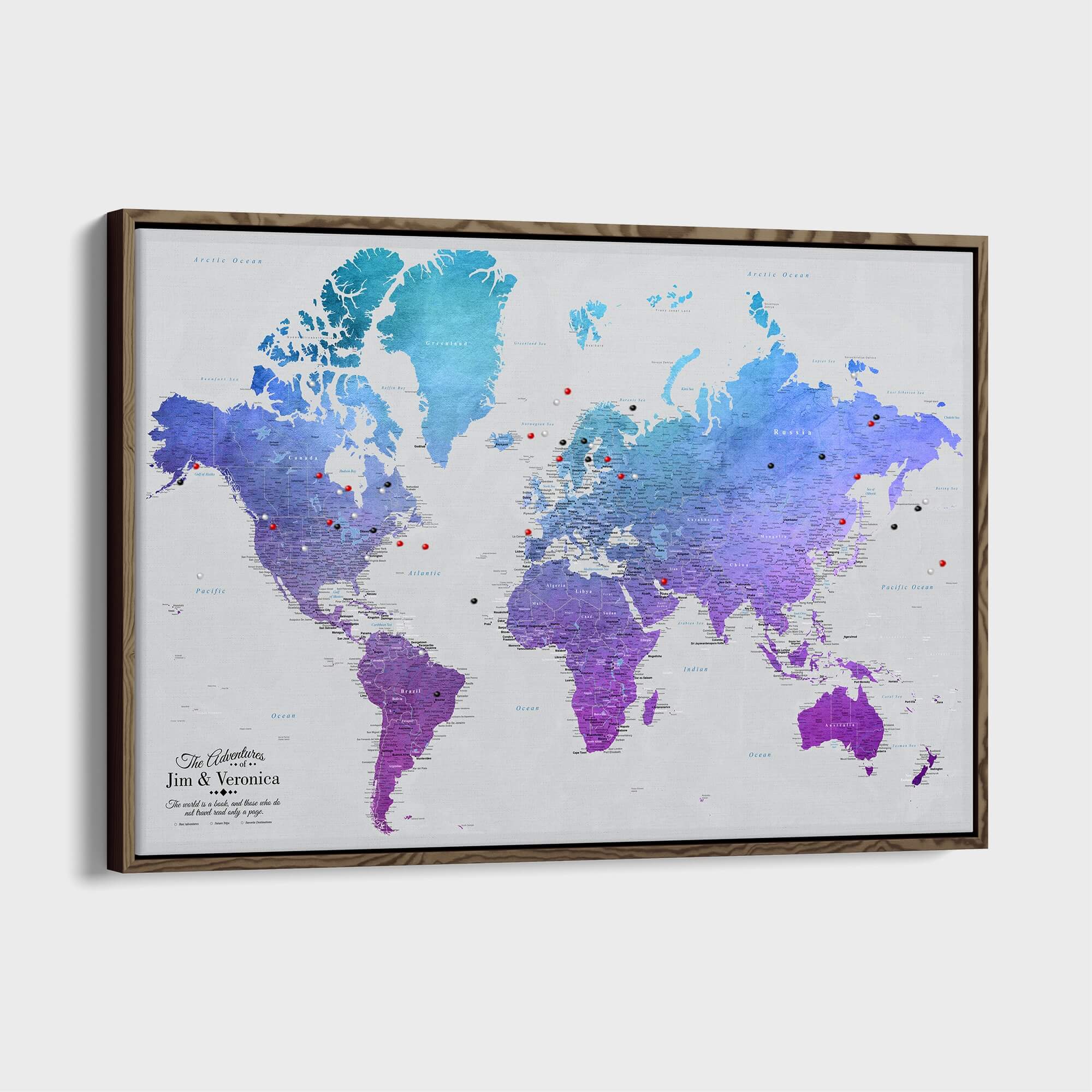 Canvas - Vibrant Violet Watercolor World Travel Map with pins