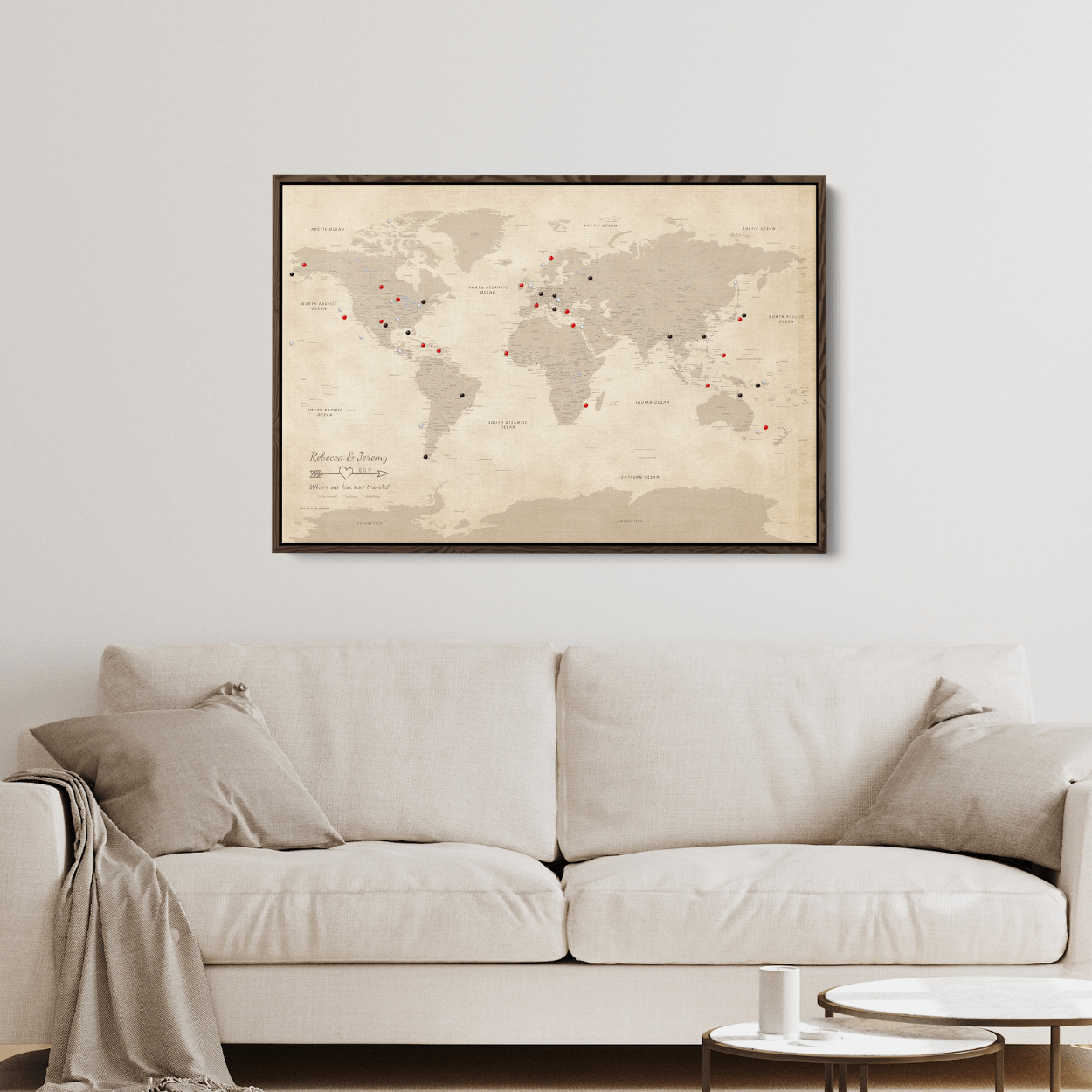 Canvas - Vintage World Push Pin Travel Map with pins