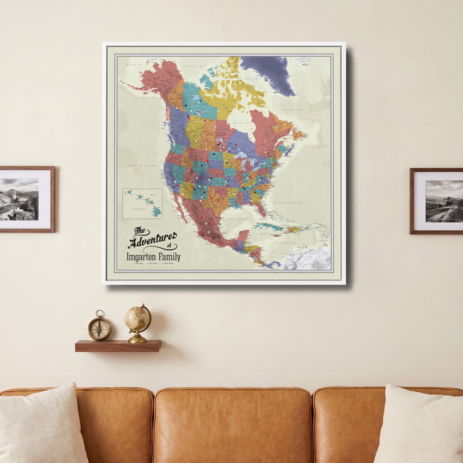 Canvas - Tan Ocean North America Travel Map with Pins