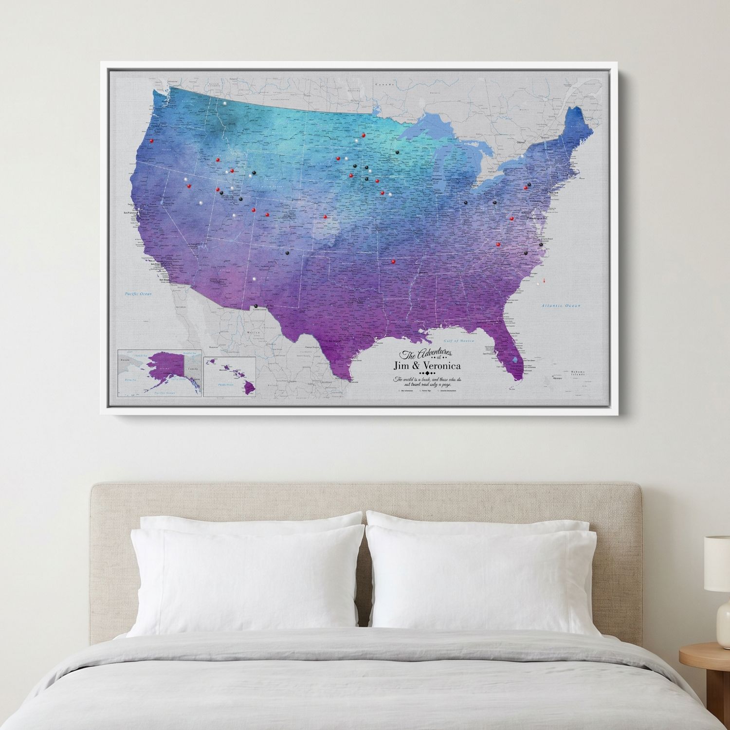 Canvas - Vibrant Violet Watercolor USA Travel Map with pins
