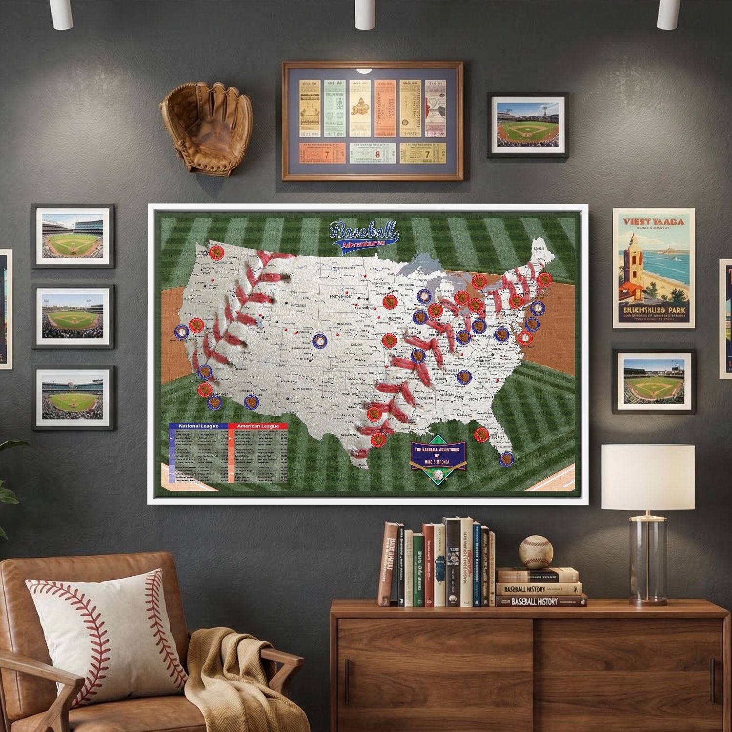 Framed baseball adventures push pin travel map canvas displayed in sports-themed home office wall decor