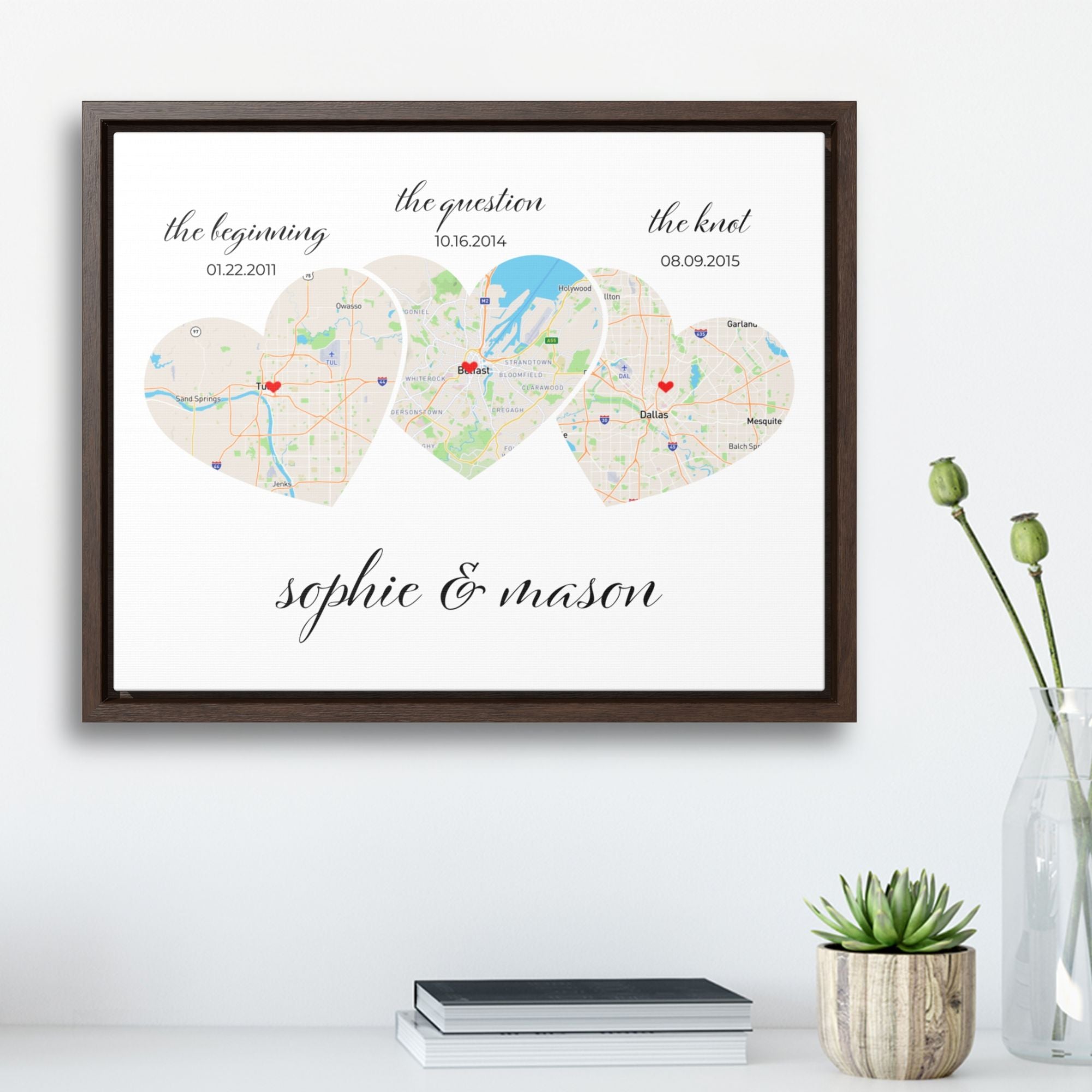 Relationship Map Wall Art | 3 Heart Couple Map | Option 2