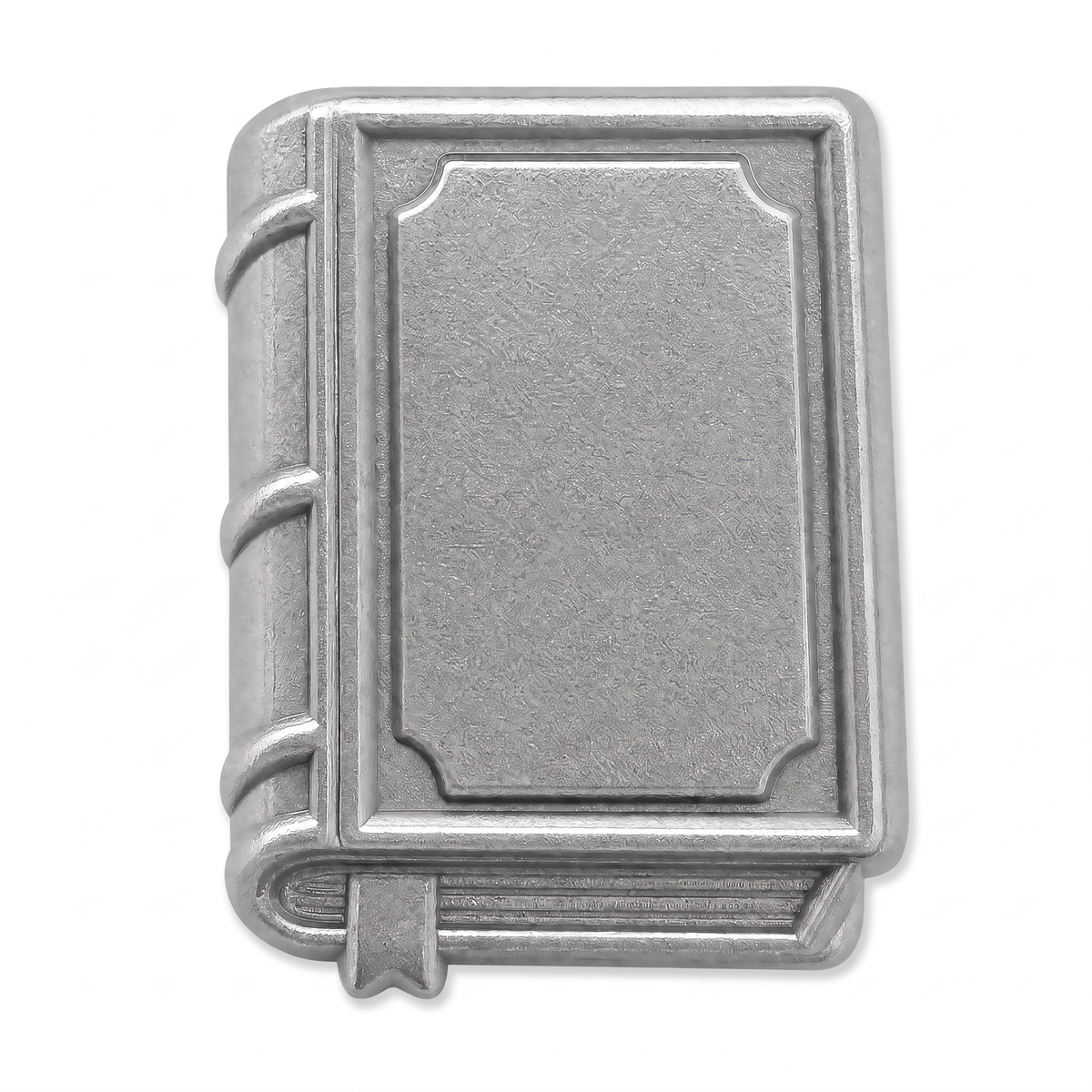 Silver 3D metal book push pin with embossed cover spine bands and bookmark ribbon detail