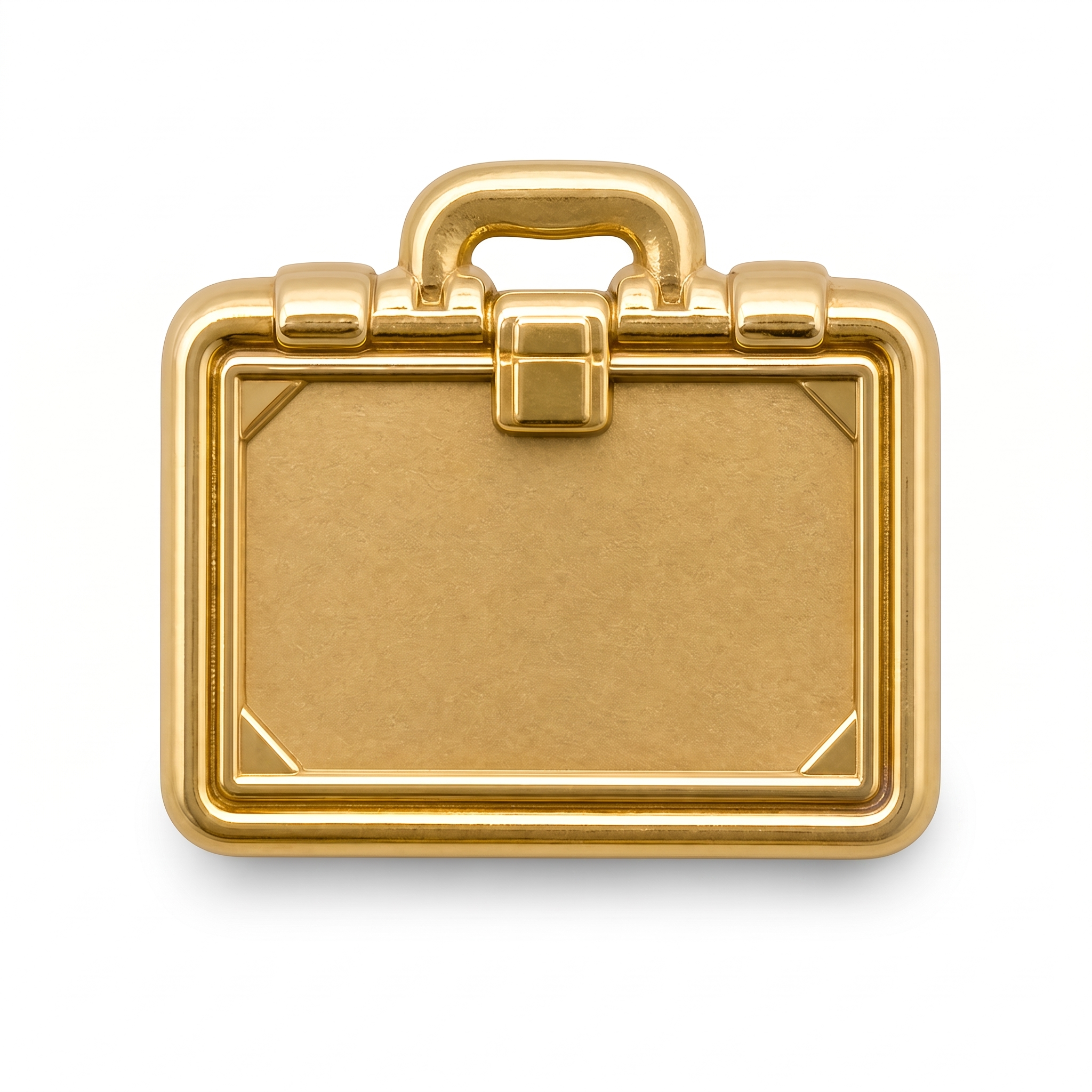 Shiny gold metal briefcase push pin with cut-out handle clasp and corner details front view