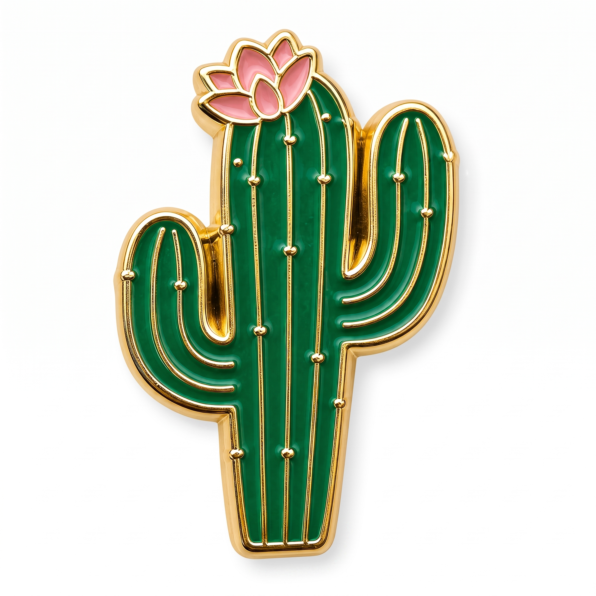 Cactus enamel pin - green soft enamel cactus push pin and lapel pin with pink flower and gold detail