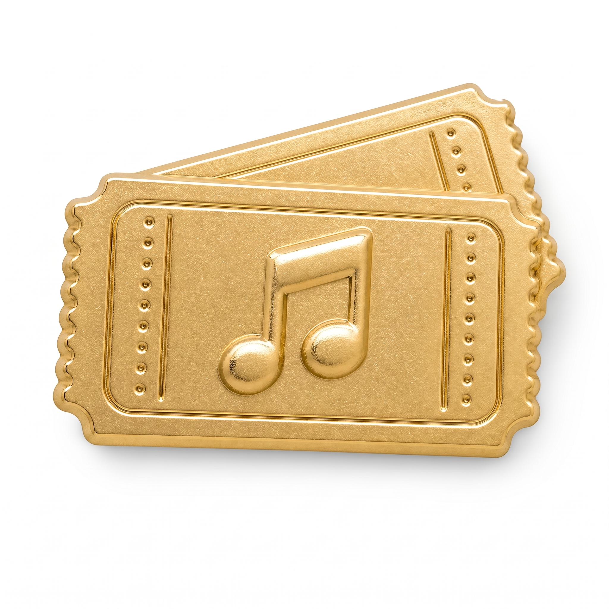 Two shiny gold 3D metal concert ticket push pins with embossed music note and perforated edges