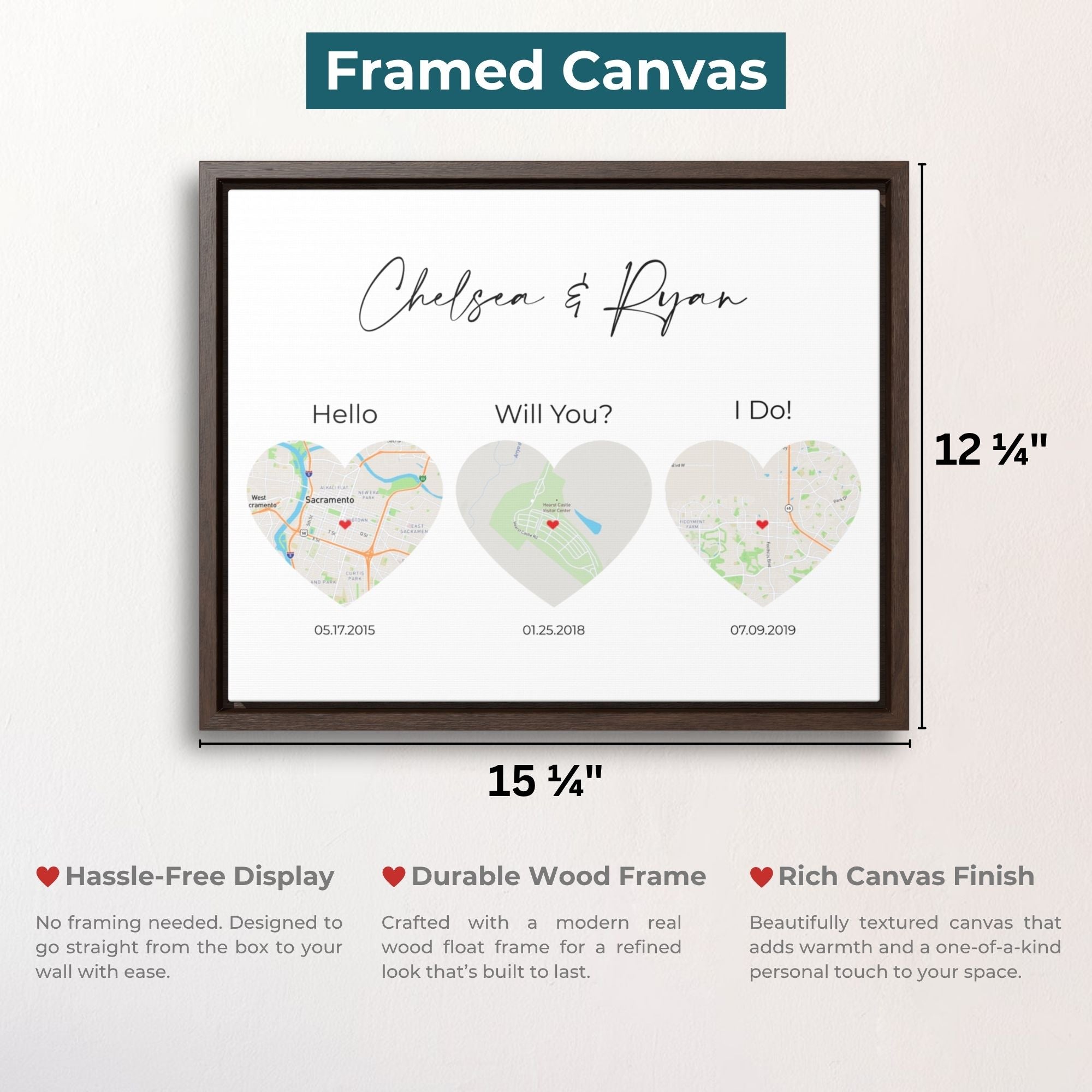 3 Heart Map Art | Where We Met Map | Hello, Will You, I Do | Option 1
