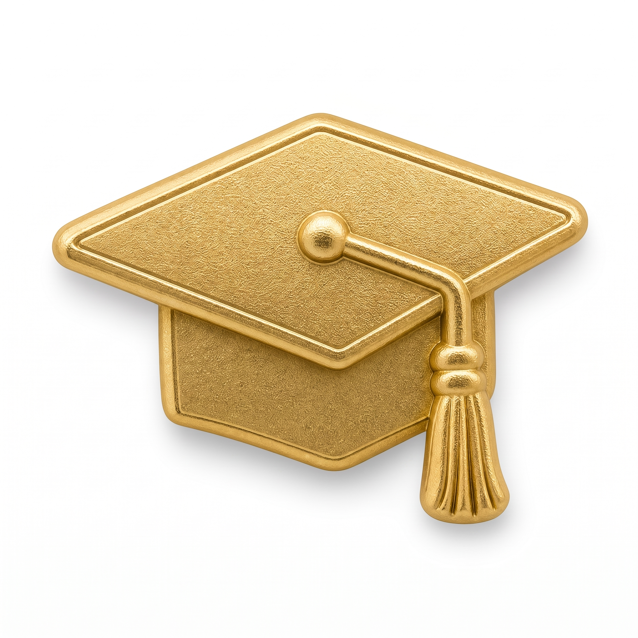 Matte gold 3D metal graduation cap push pin with tassel, angled front view