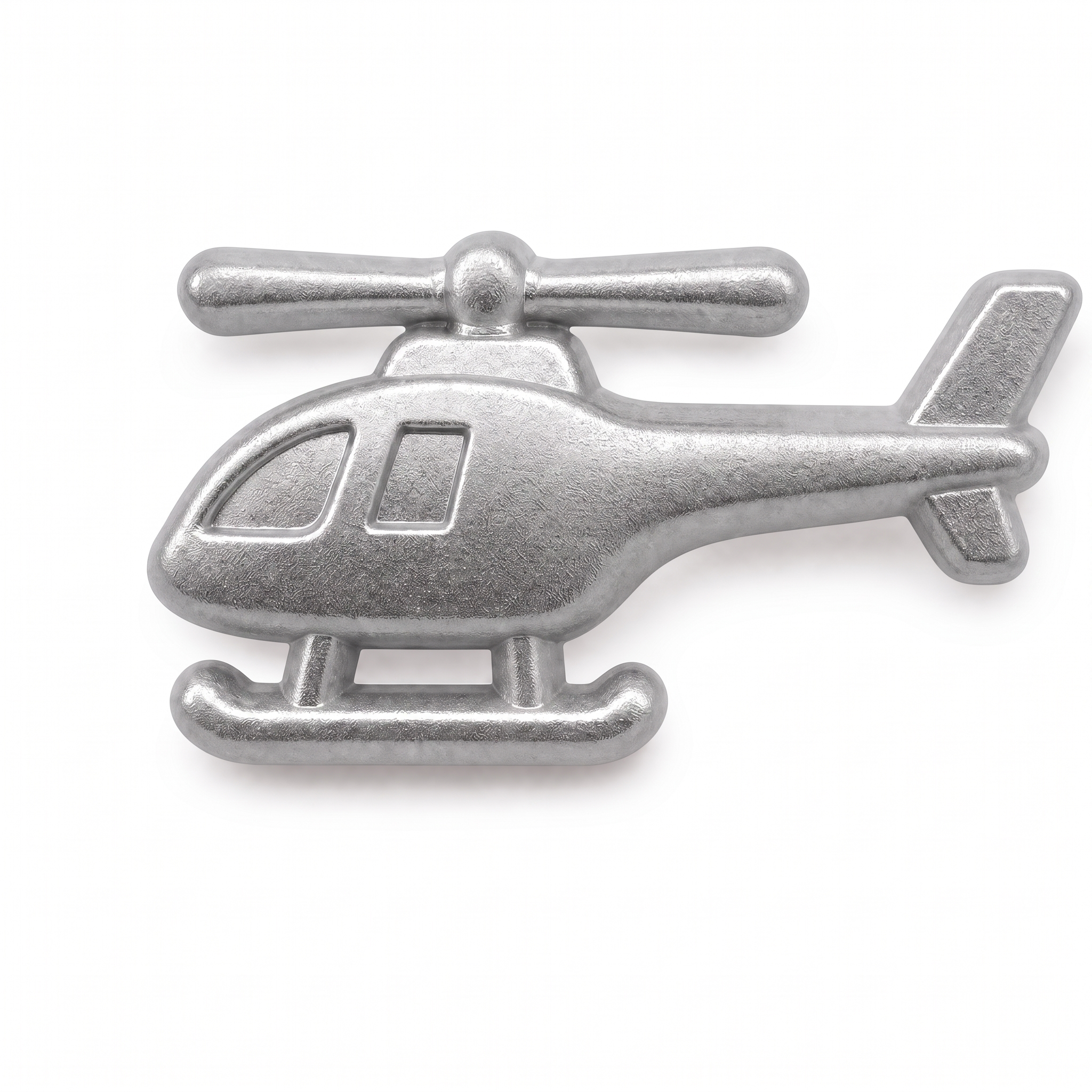 Silver matte metal helicopter push pin with detailed rotors cockpit windows and skids on white background