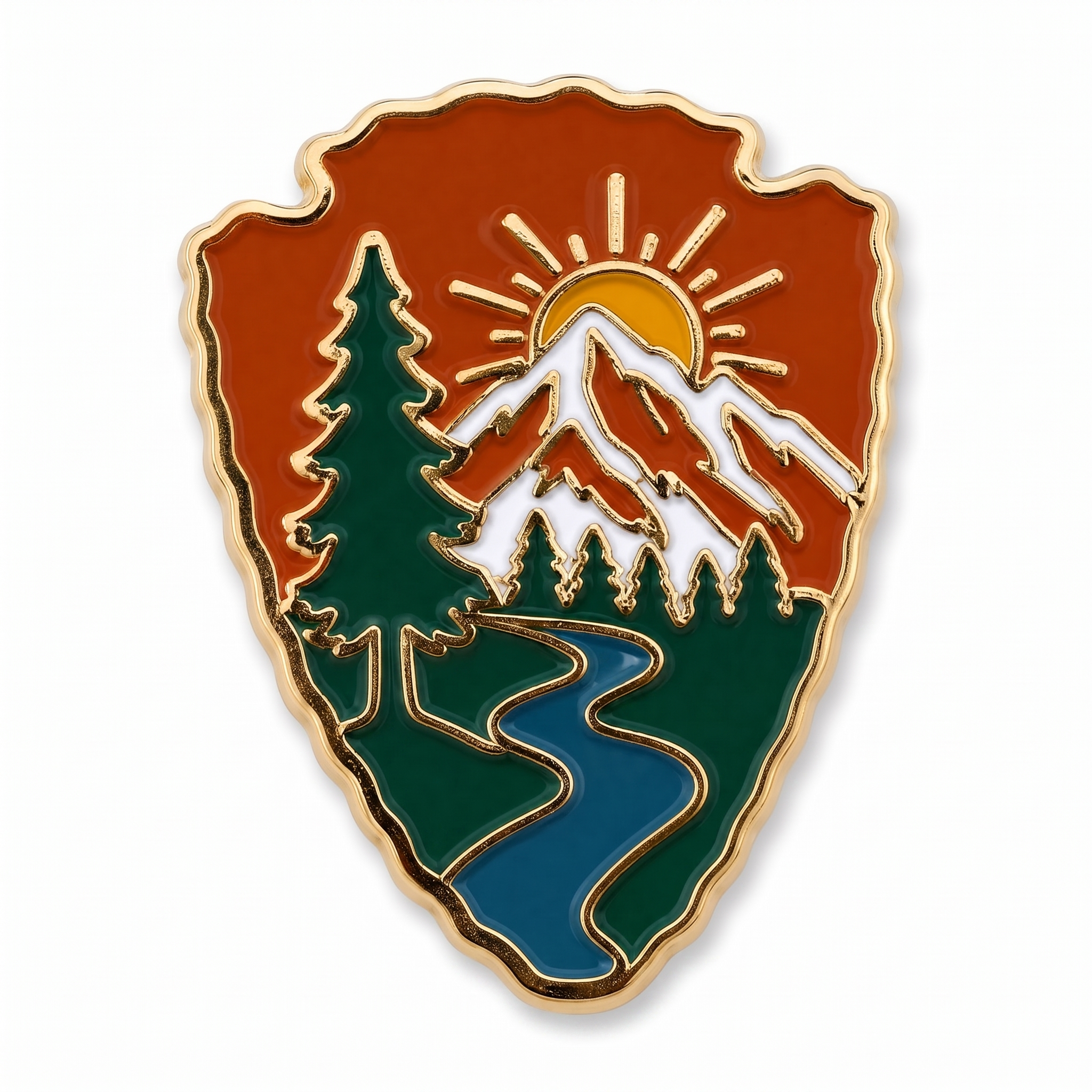 National park pin - arrowhead enamel push pin and lapel pin with mountain, forest and river design