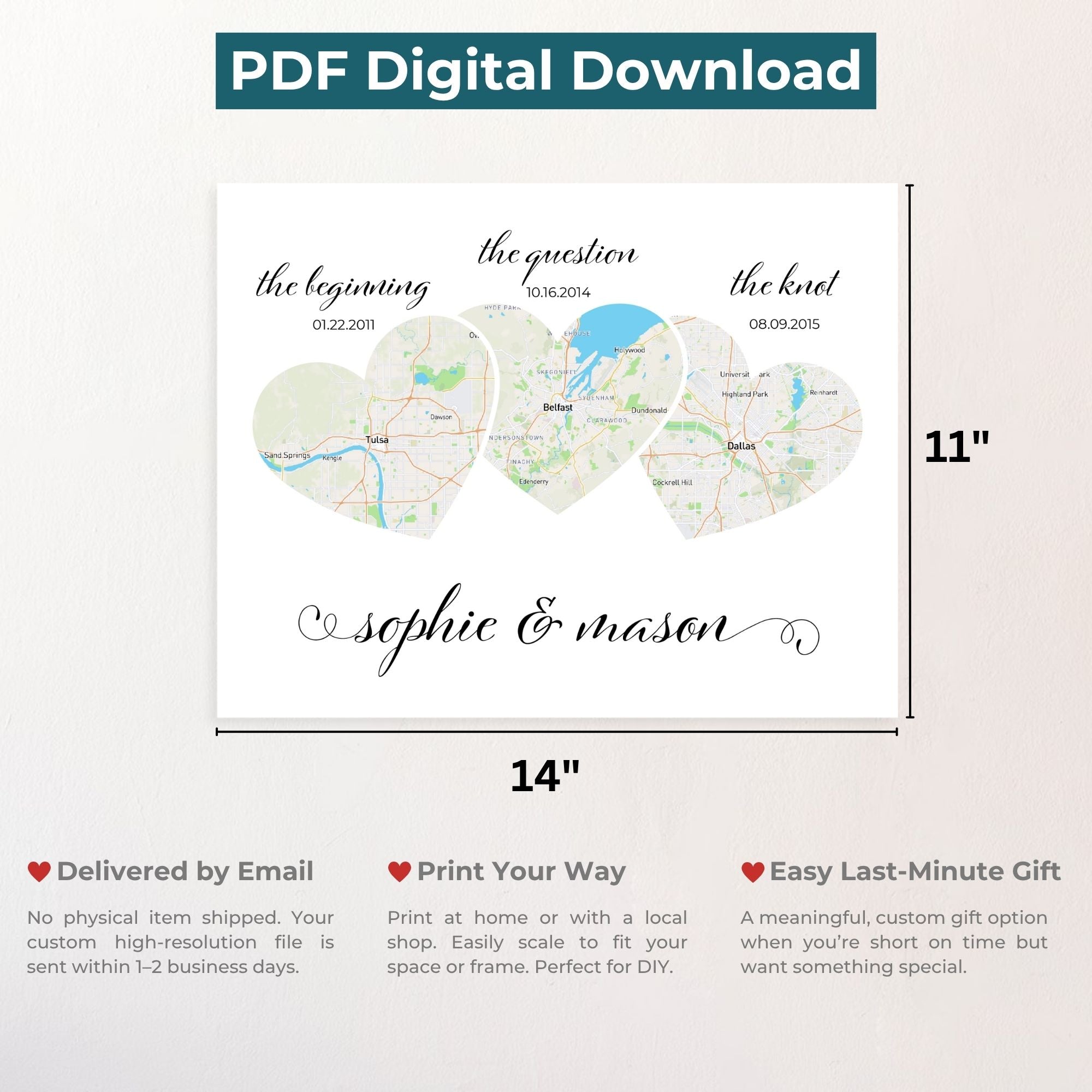 Relationship Map Wall Art | 3 Heart Couple Map | Option 2