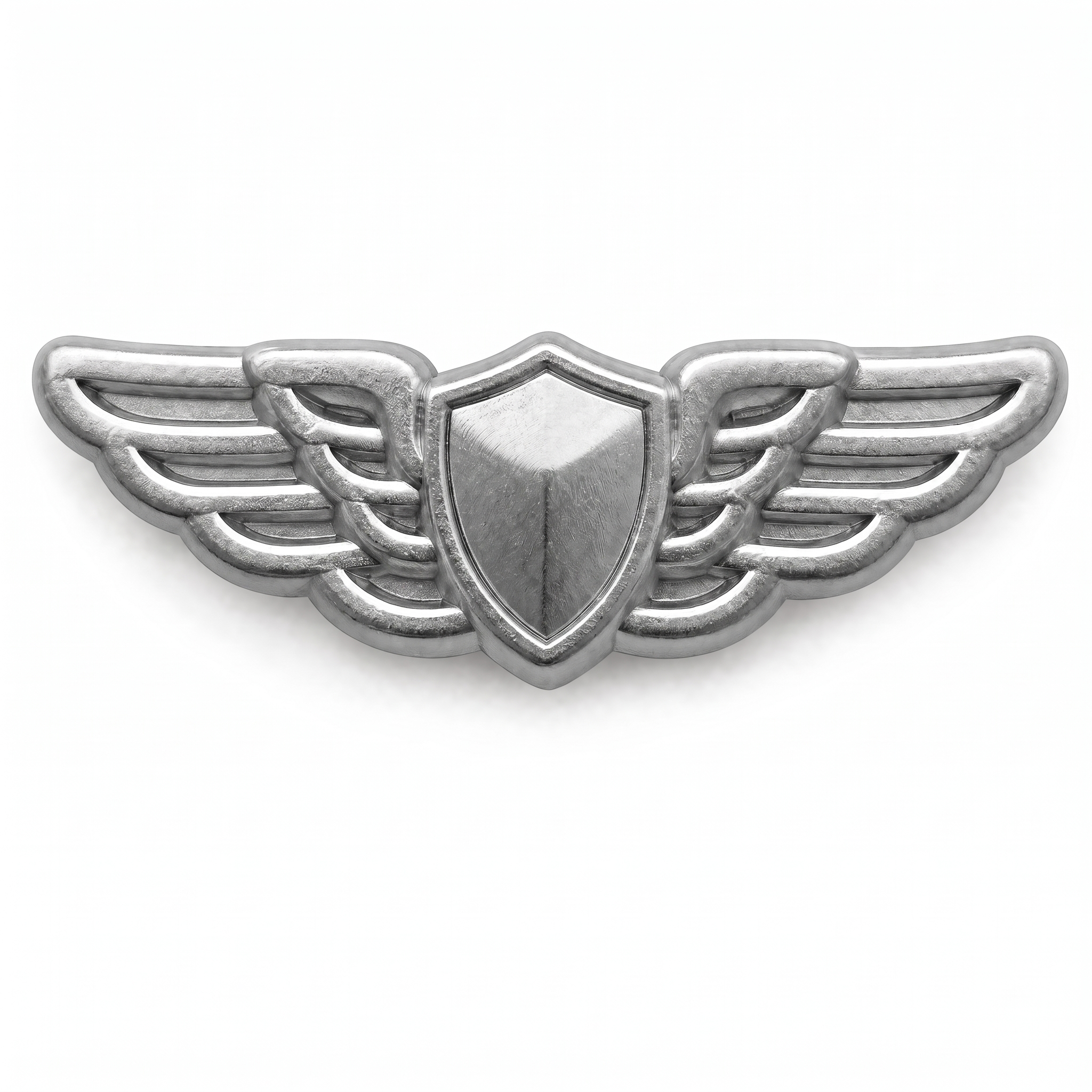 Silver aviator pilot wings push pin with center shield and detailed feathered wings, matte finish, front view