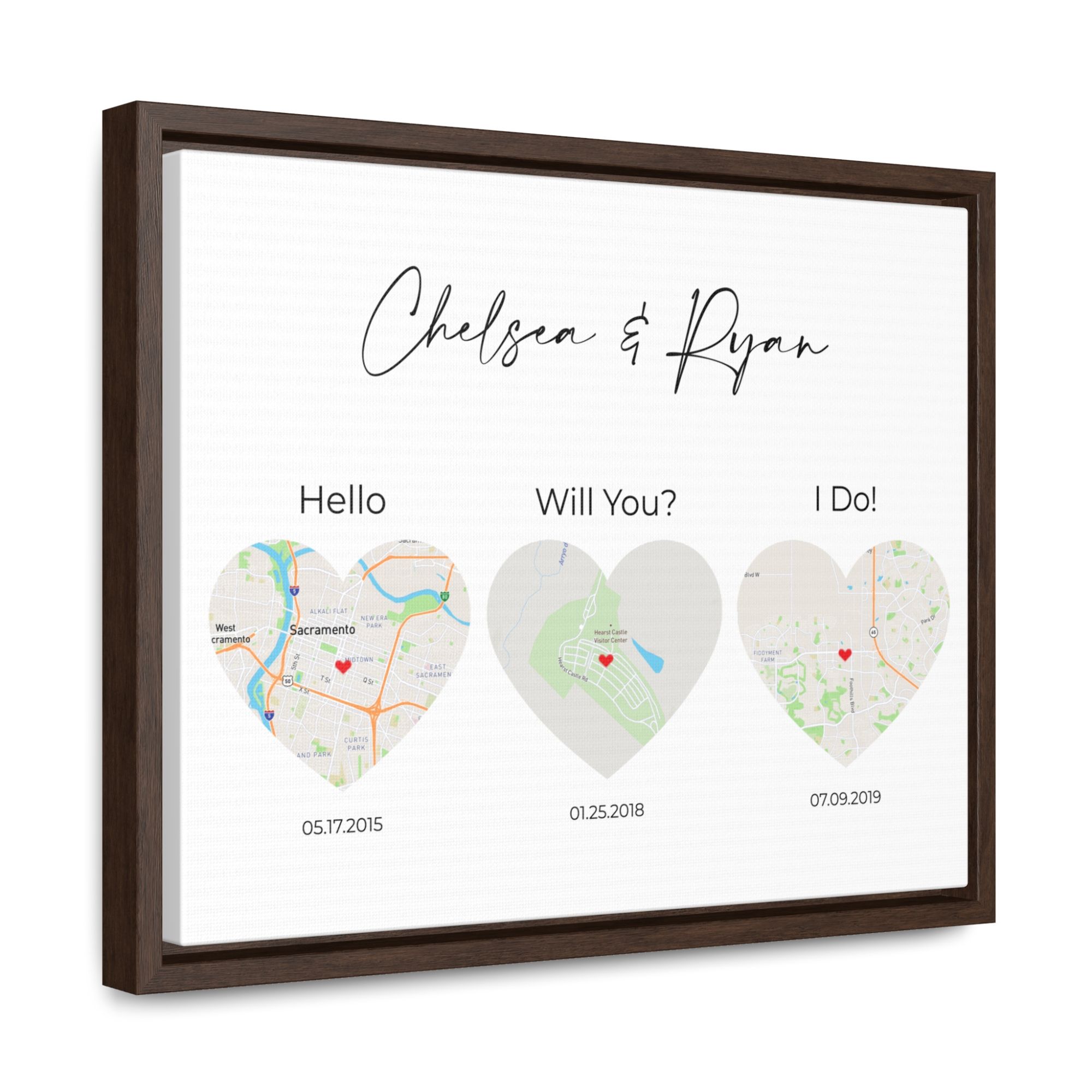 3 Heart Map Art | Where We Met Map | Hello, Will You, I Do | Option 1