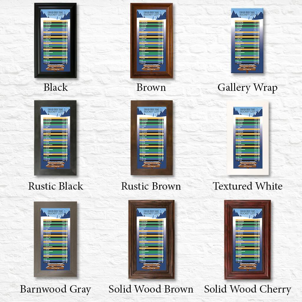 Colorado Ski Resorts Bucket List Shown in Standard Frame Options