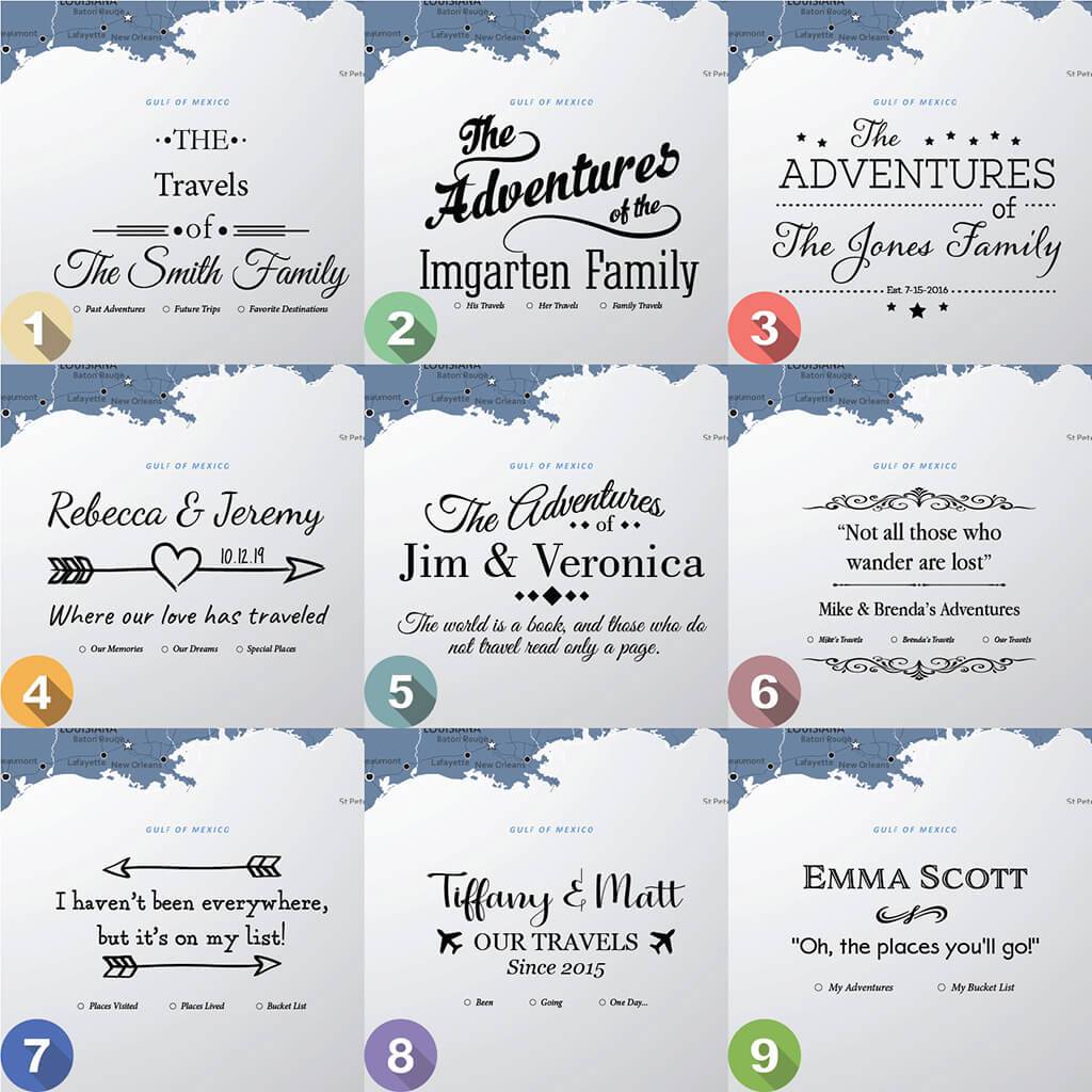 Nine personalized title style options for Blue Ice USA travel map with pins canvas
