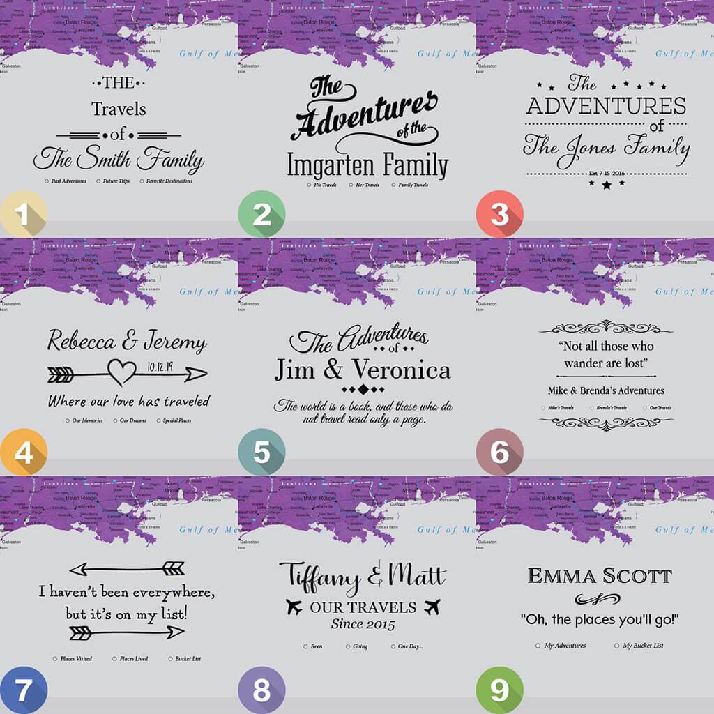 Nine personalized text style options for Vibrant Violet Watercolor USA push pin map canvas