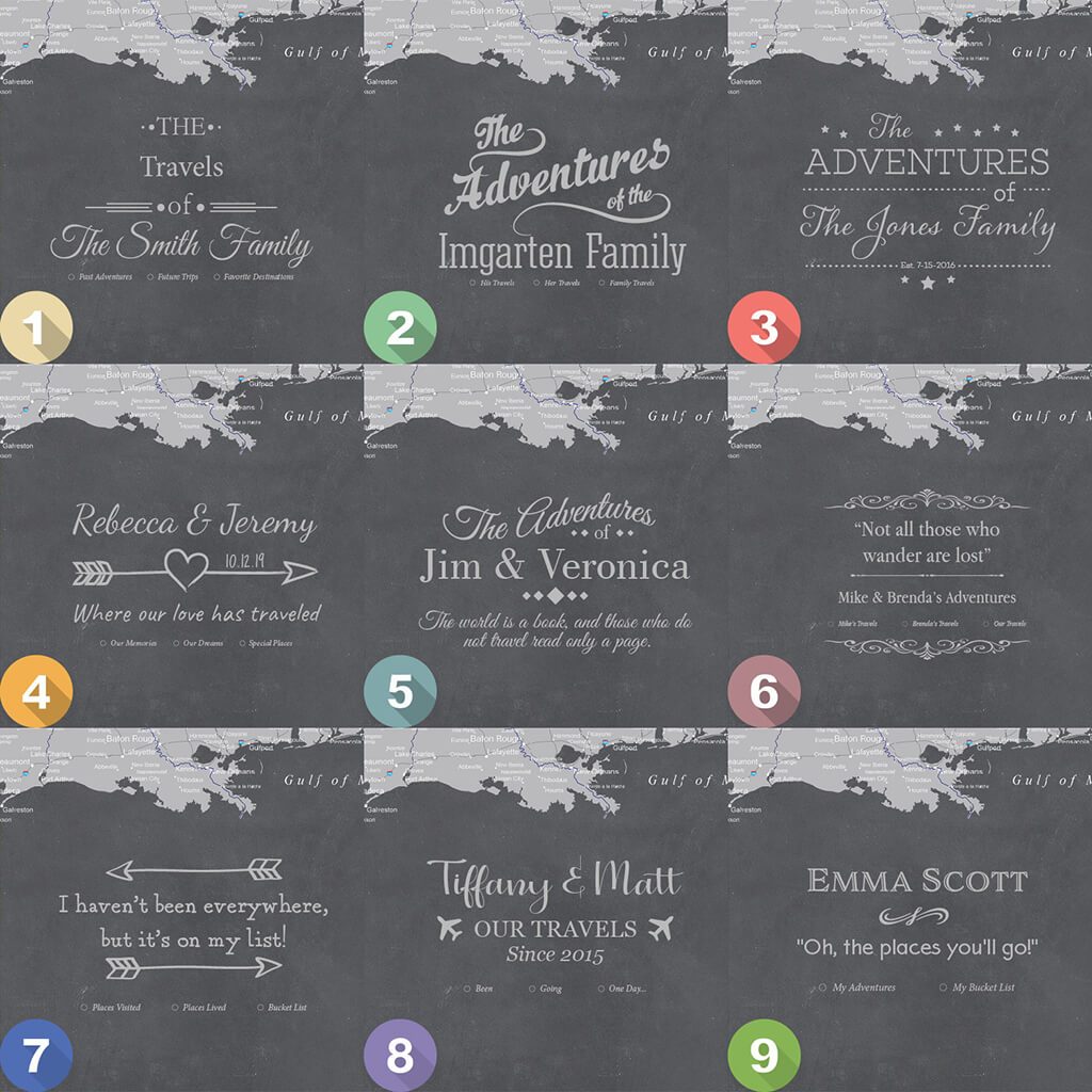 Nine personalized title style options for Stormy Dreams USA canvas travel map with pins