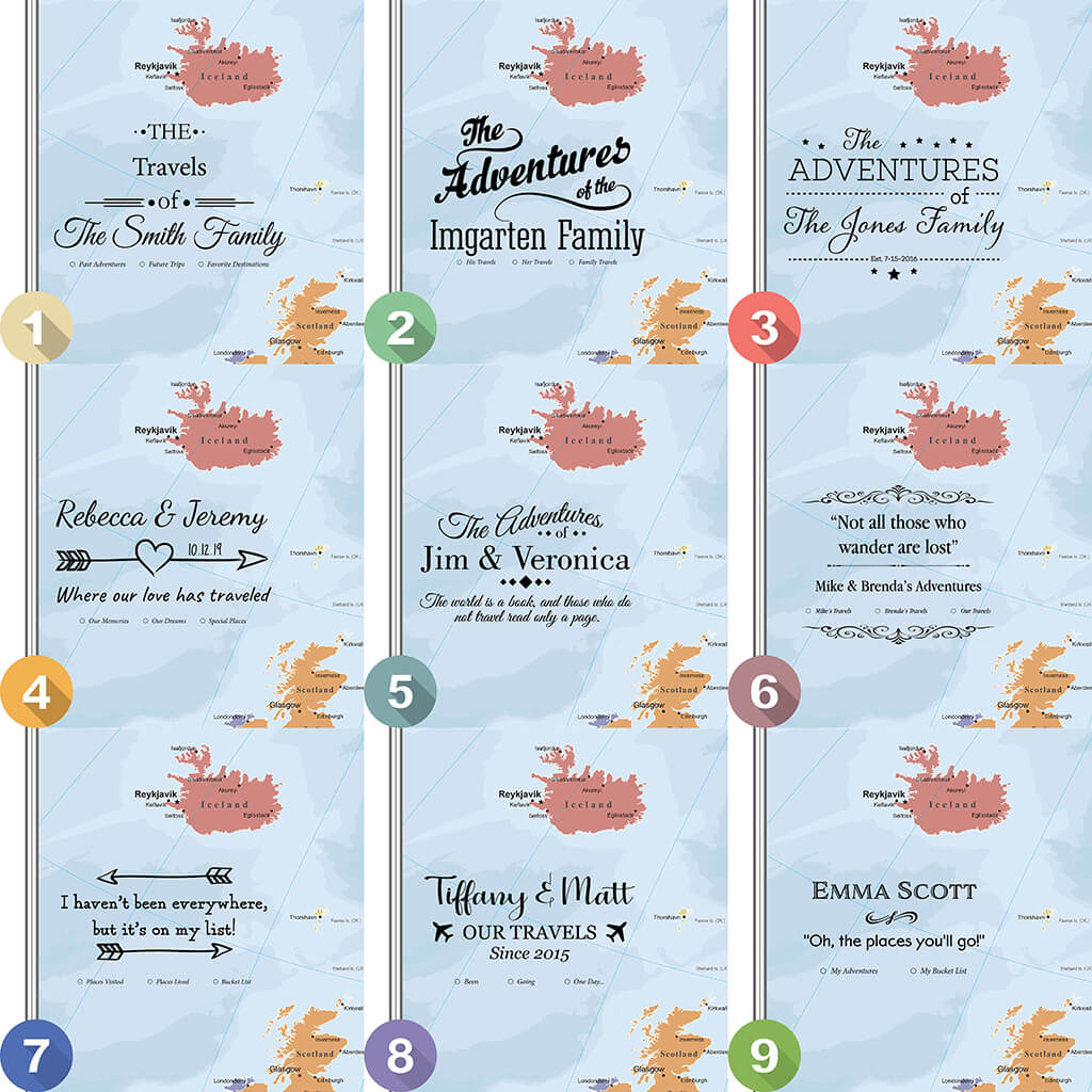 Nine personalized title design options for Blue Oceans Europe travel map with pins on gallery wrapped canvas