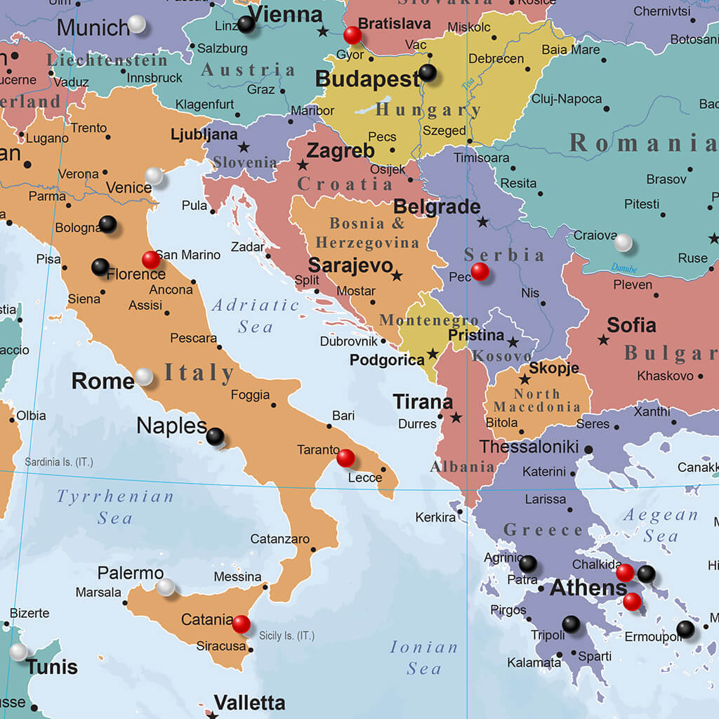 Colorful Blue Oceans Europe travel map with push pins marking cities across Italy Greece and Eastern Europe