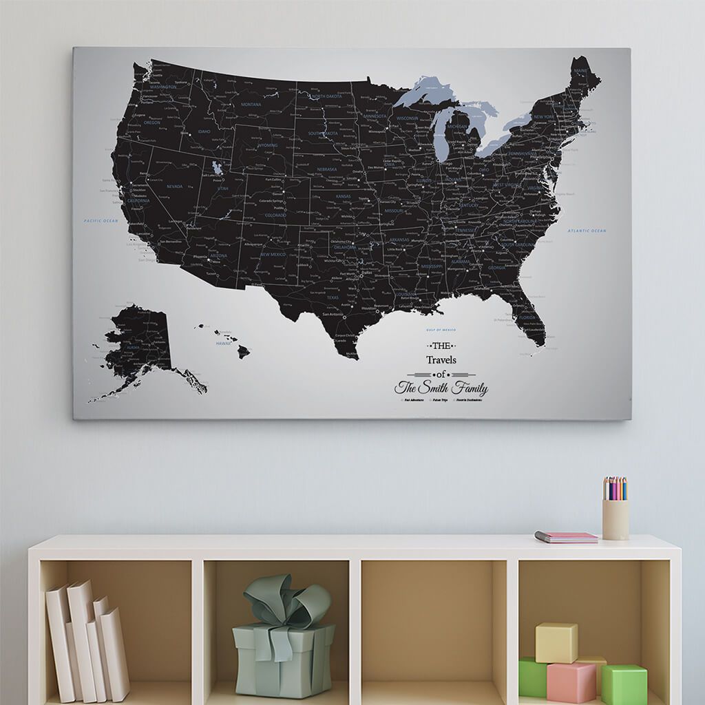 30x45 Gallery Wrapped Black Ice USA Push Pin Travel Map