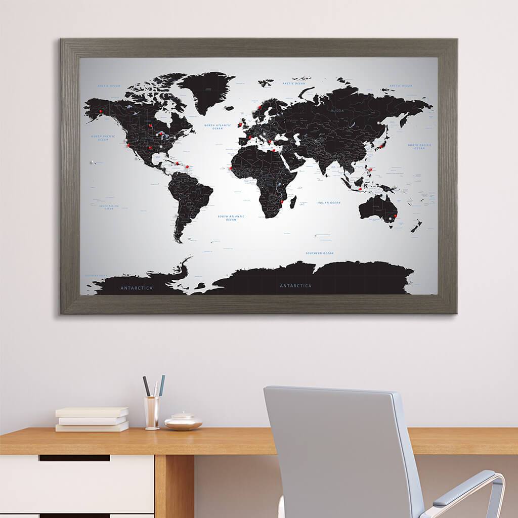 Canvas Black Ice World Map with Pins in Barnwood Gray Frame
