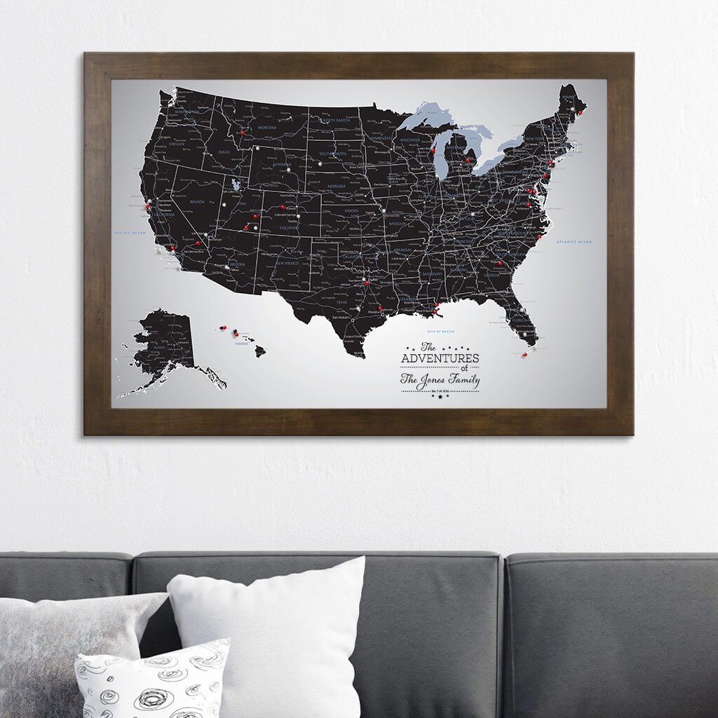 Black Ice USA Canvas Push Pin Map in Rustic Brown Frame