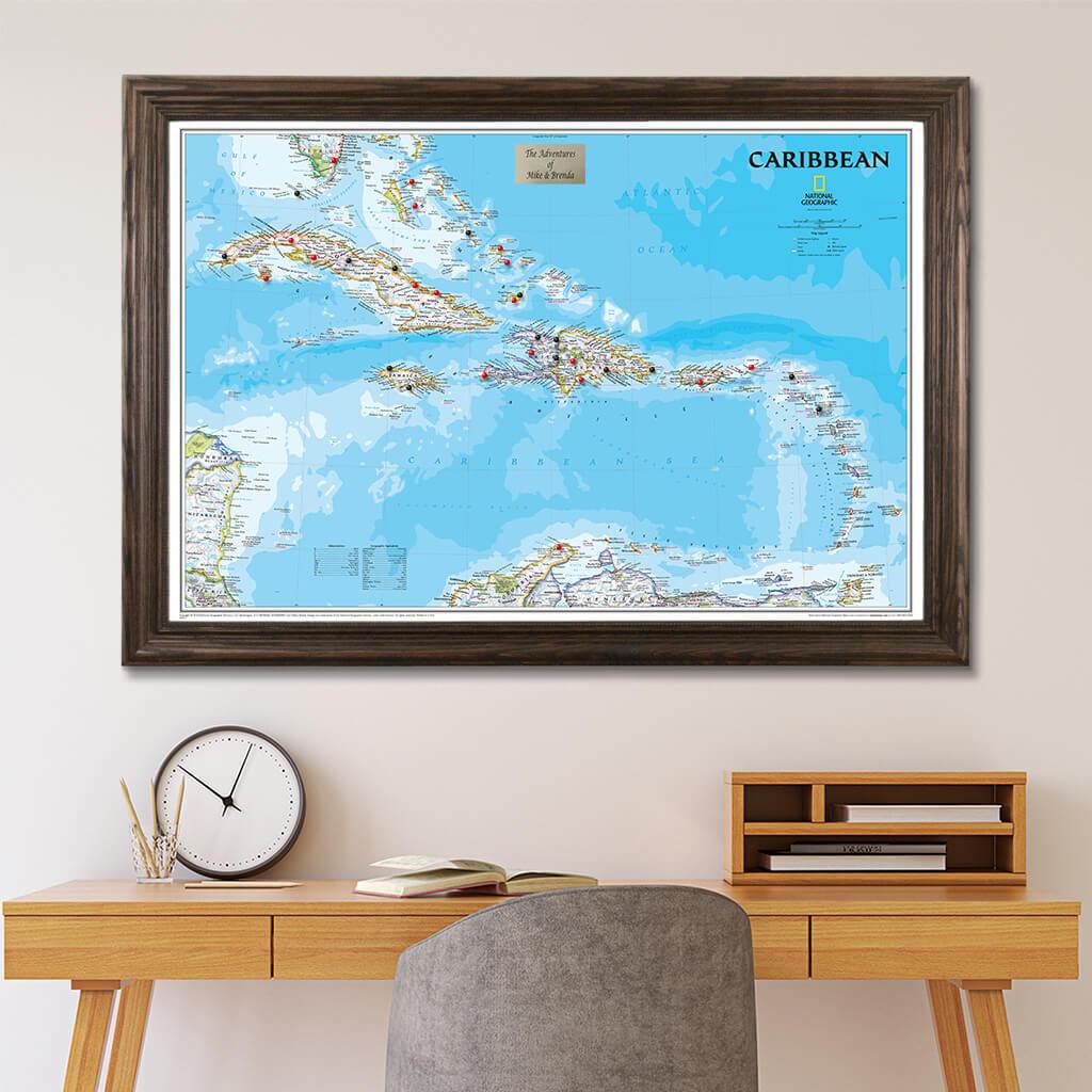 Classic Caribbean Push Pin Map in Solid Wood Brown Frame
