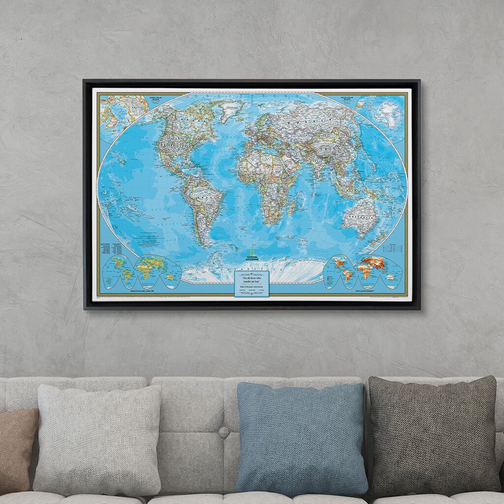 Black Float Frame - 24x36 Gallery Wrapped Classic World Push Pin Travel Map