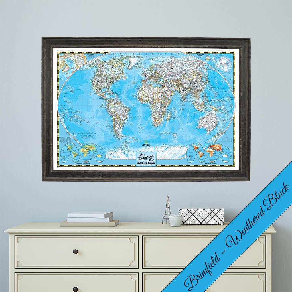 Canvas Classic World Push Pin Travel Map with Brimfield Weathered Black Frame