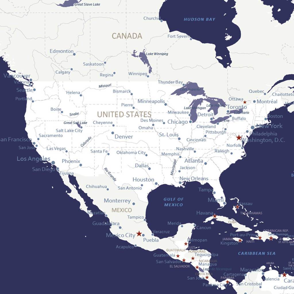 Navy Explorers canvas travel map showing United States Canada Mexico and Caribbean with labeled cities and pin markers