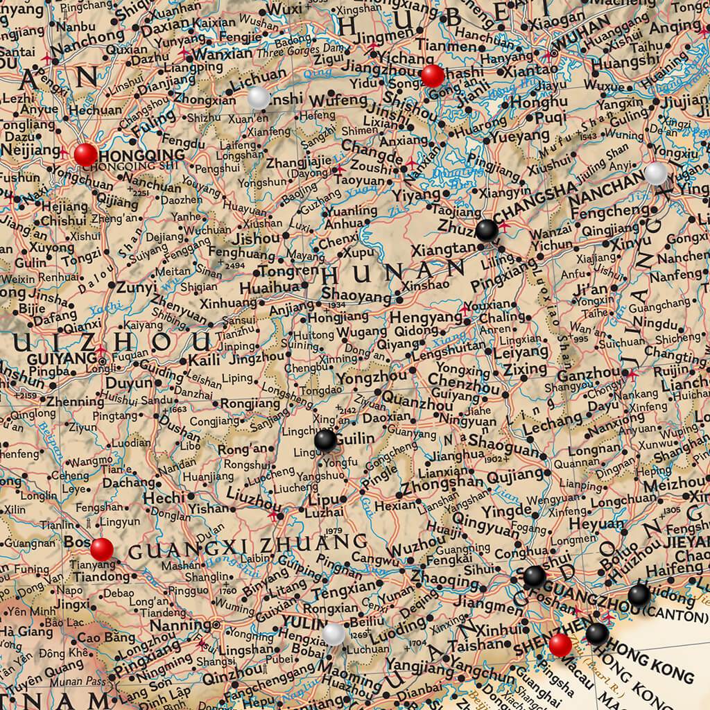 Closeup of Executive China Push Pin Travel Map
